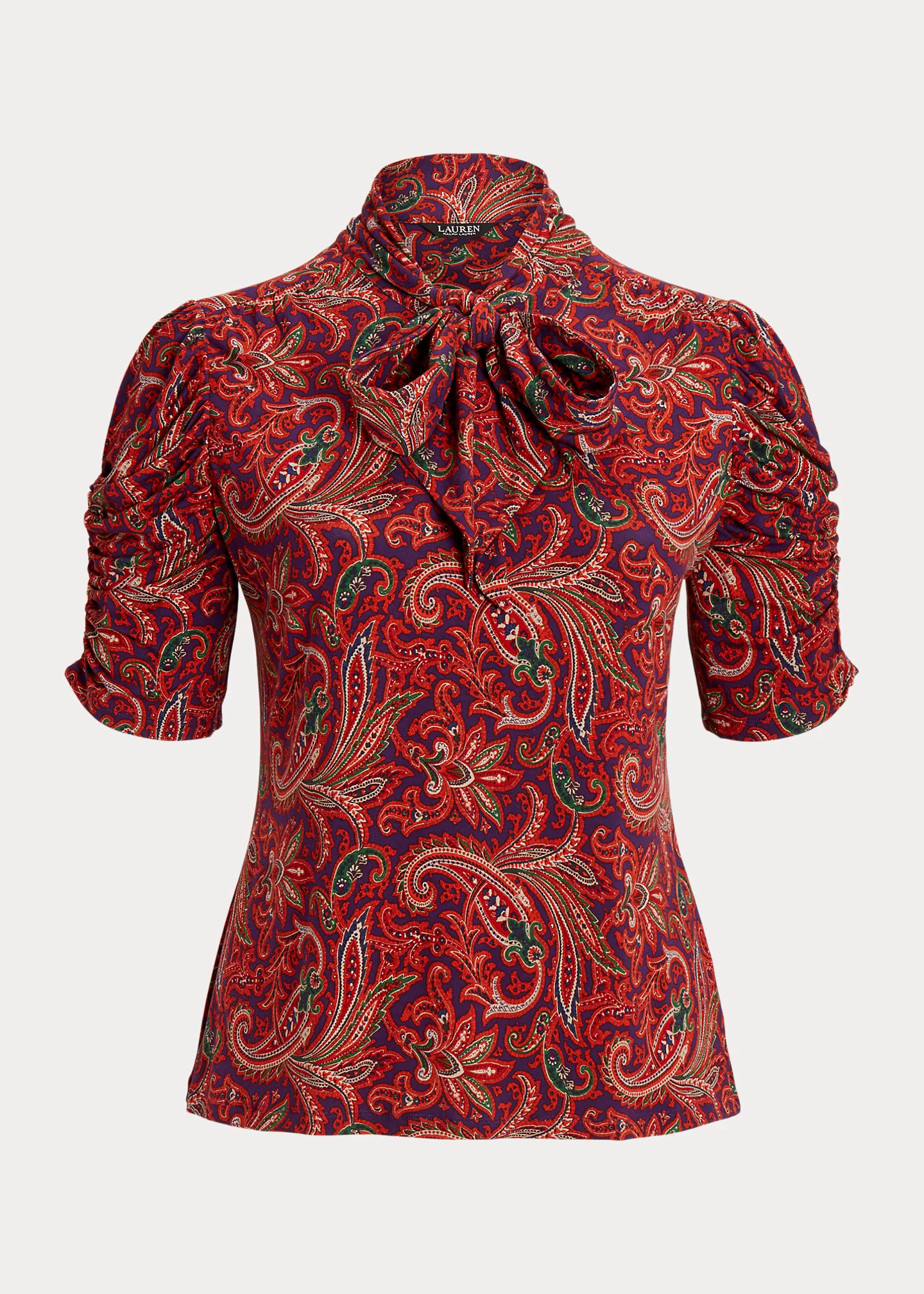 Paisley Jersey Puff-Sleeve Tie-Neck Top