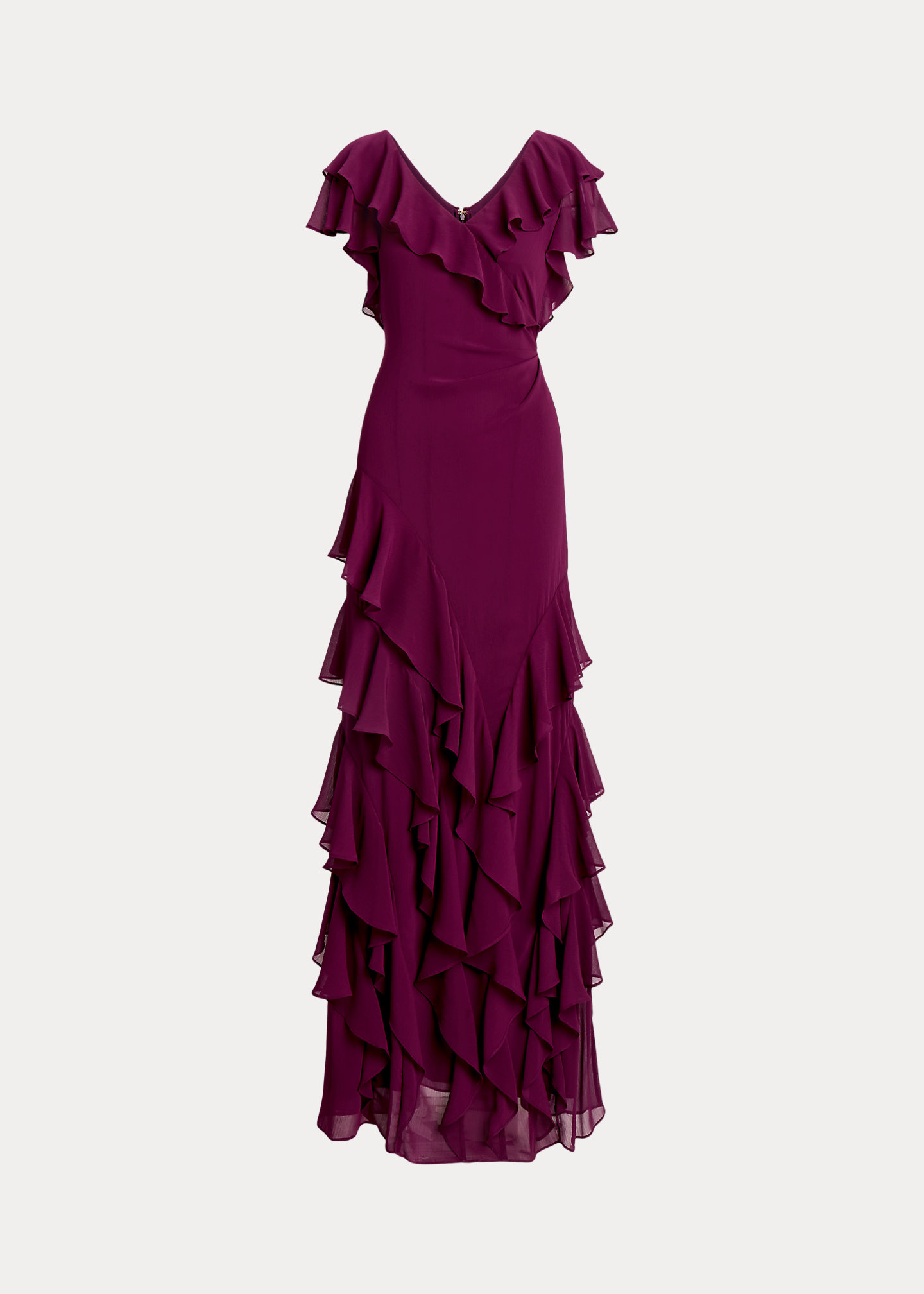 Ruffle-Trim Crinkle Georgette Gown