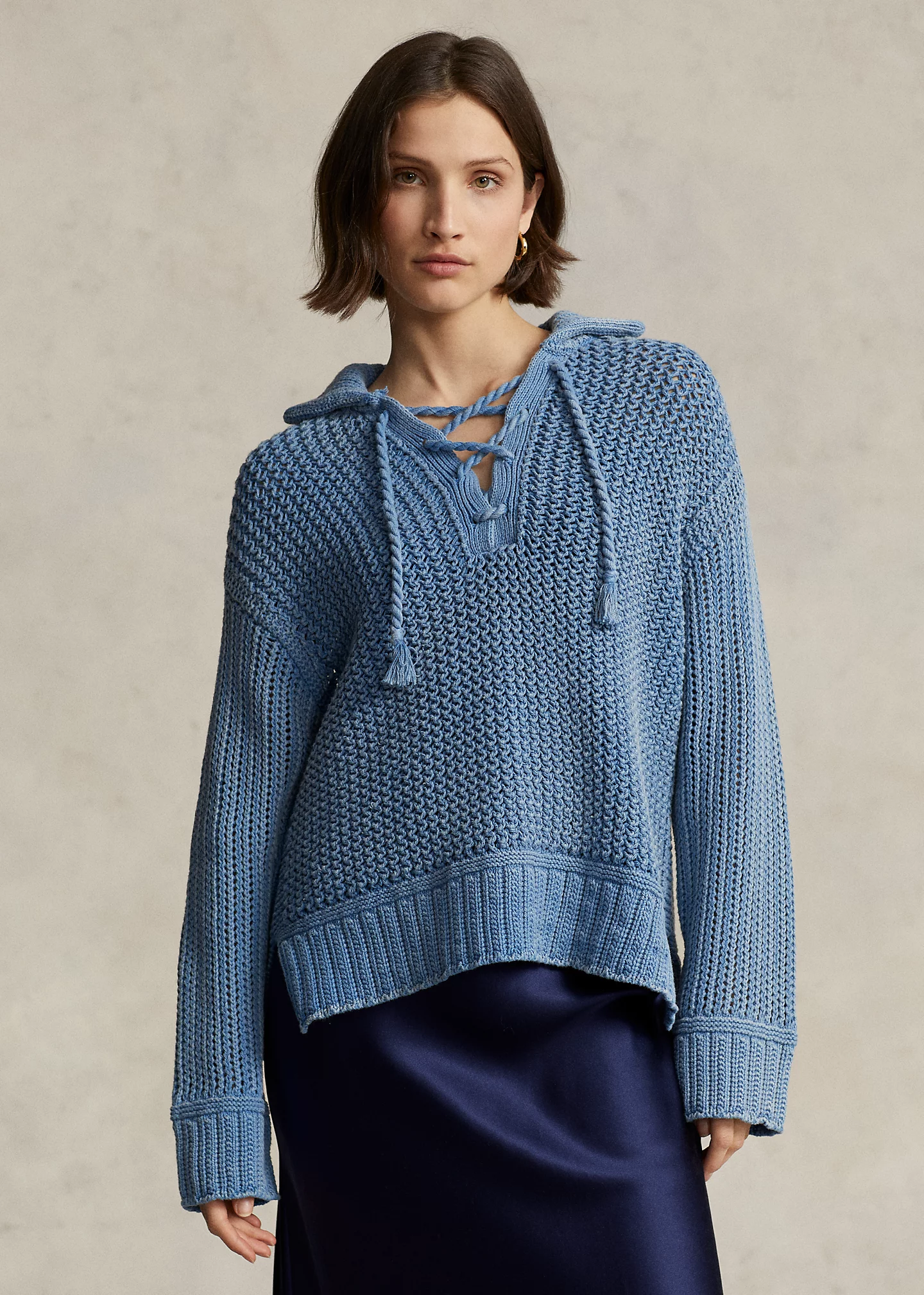 Openwork Lace-Up Cotton Sweater