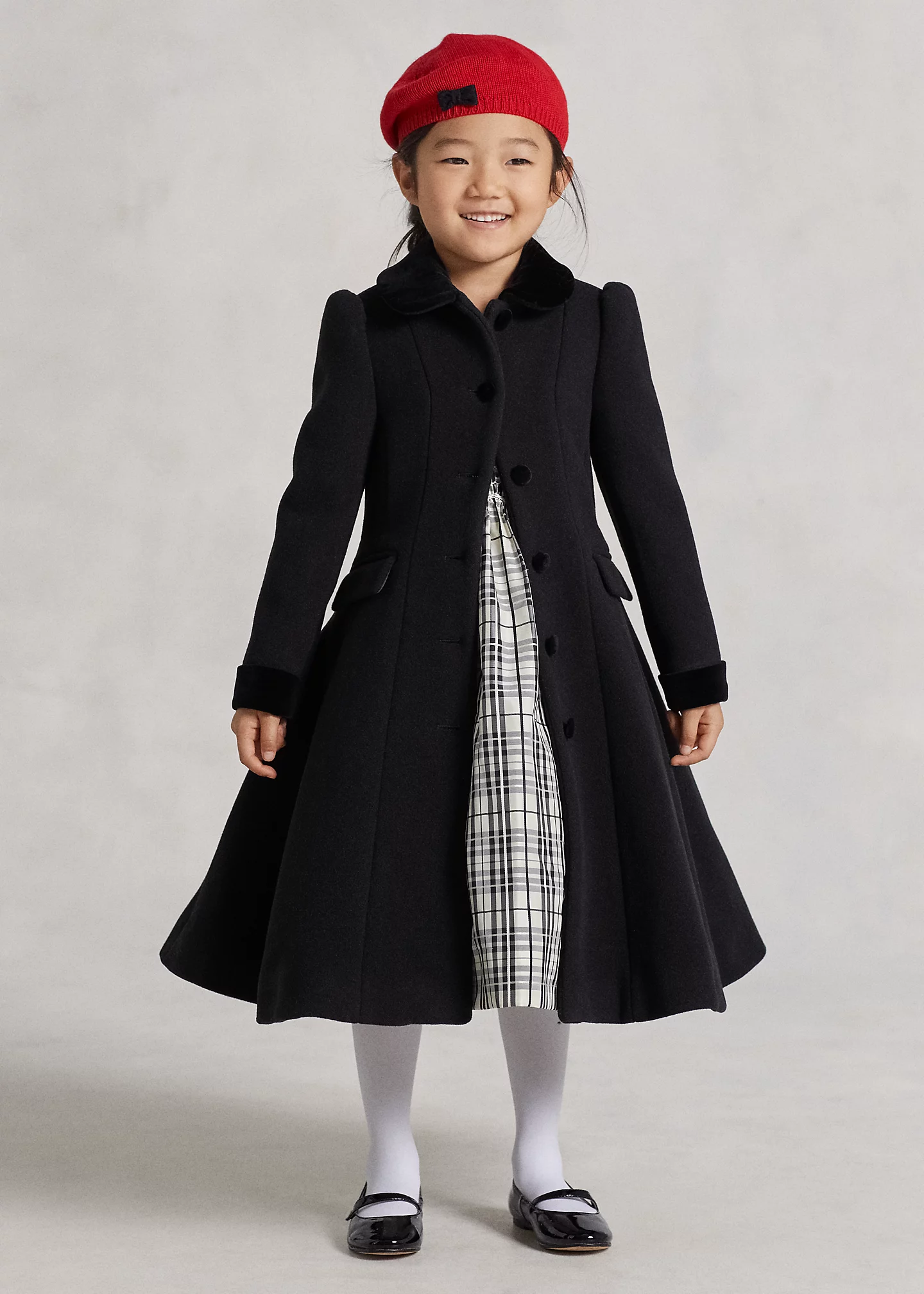 Velvet-Trim Wool Princess Coat