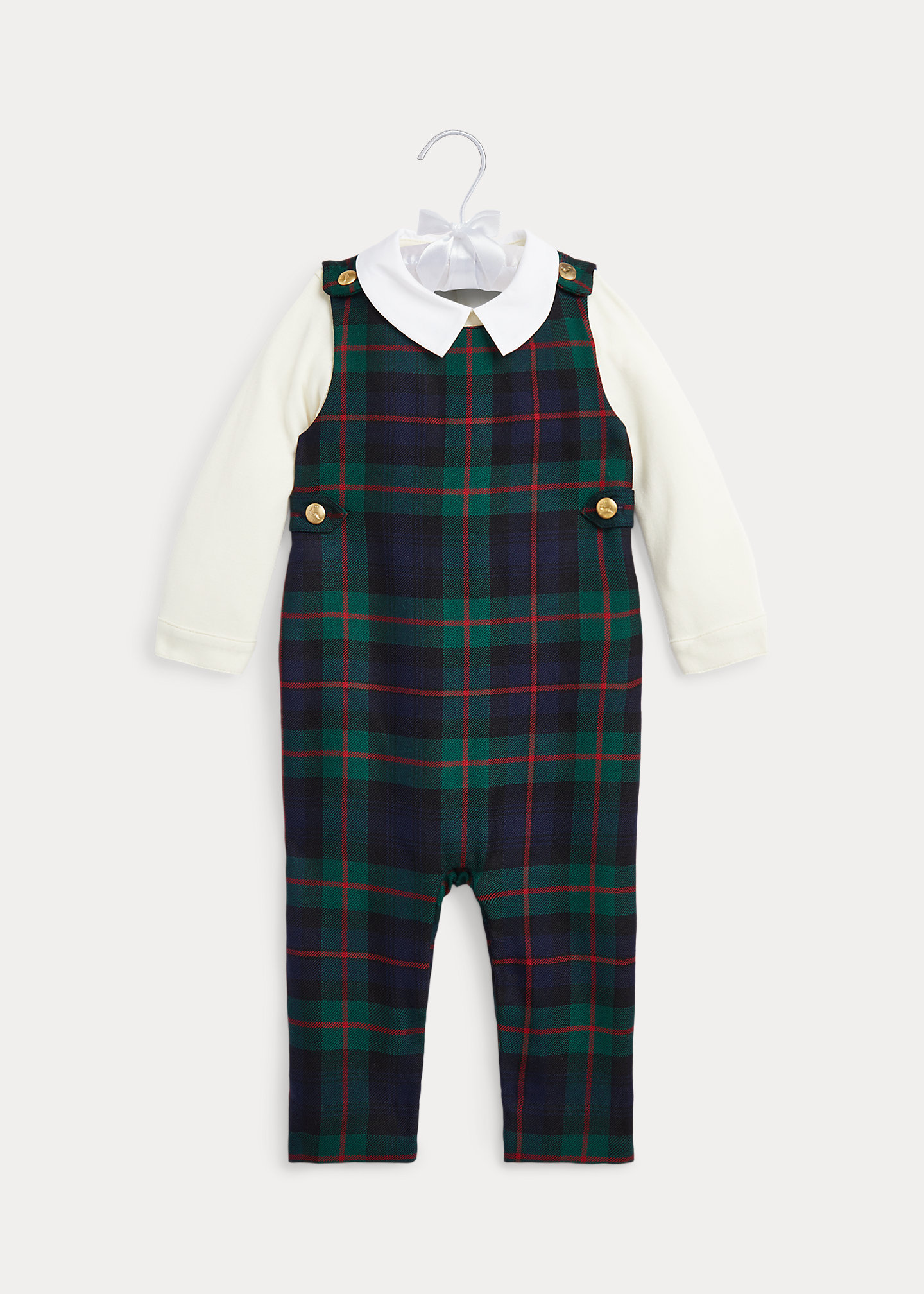 Cotton Bodysuit & Plaid Wool Overall Set
