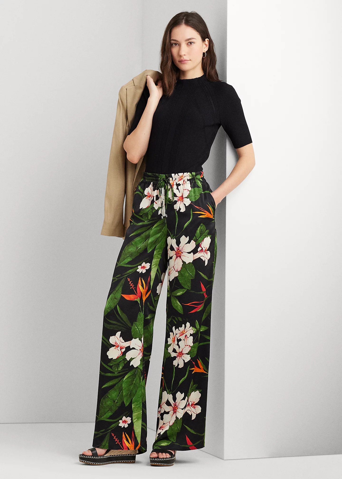Floral Satin Charmeuse Wide-Leg Pant