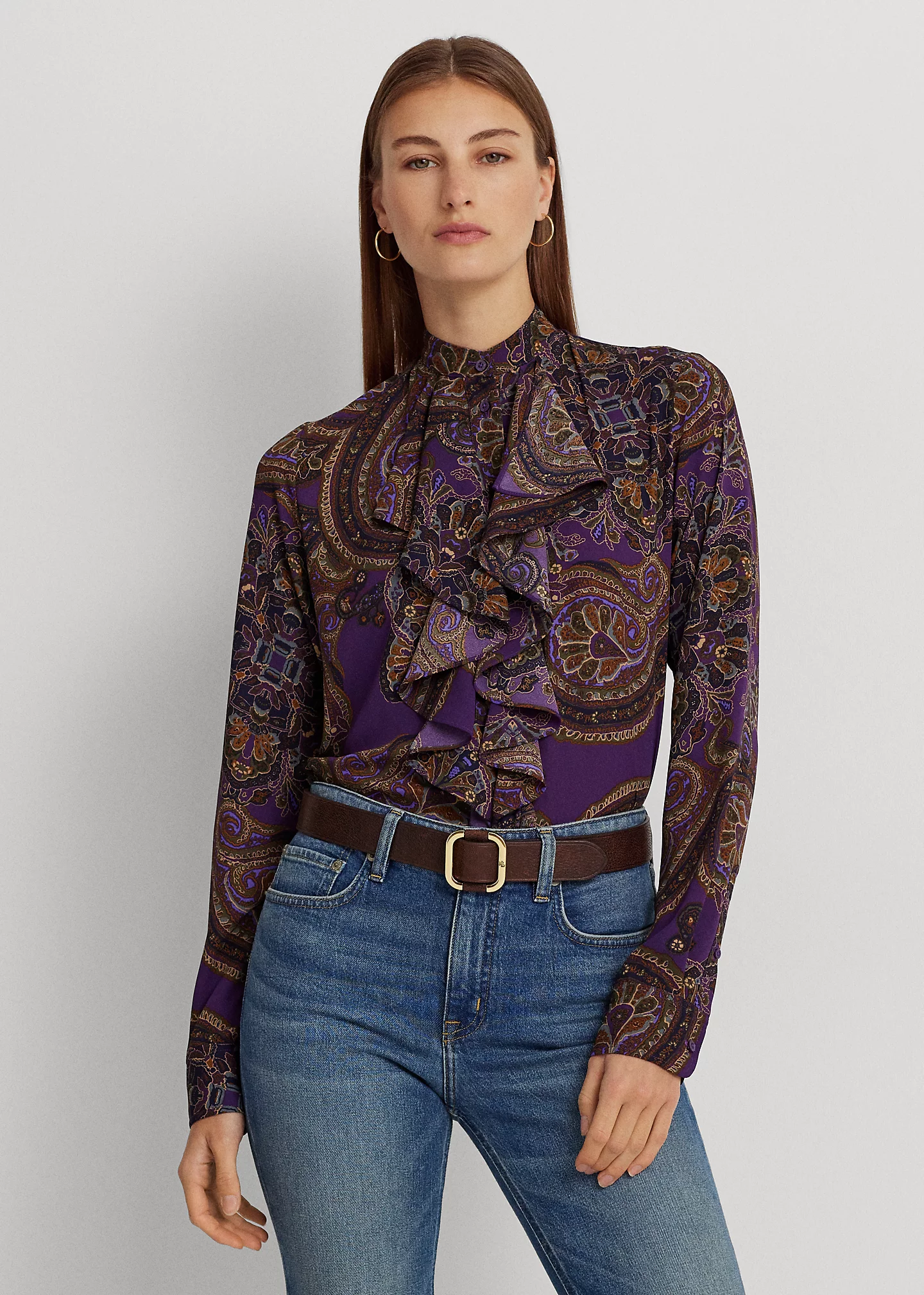 Paisley Ruffle-Trim Georgette Shirt