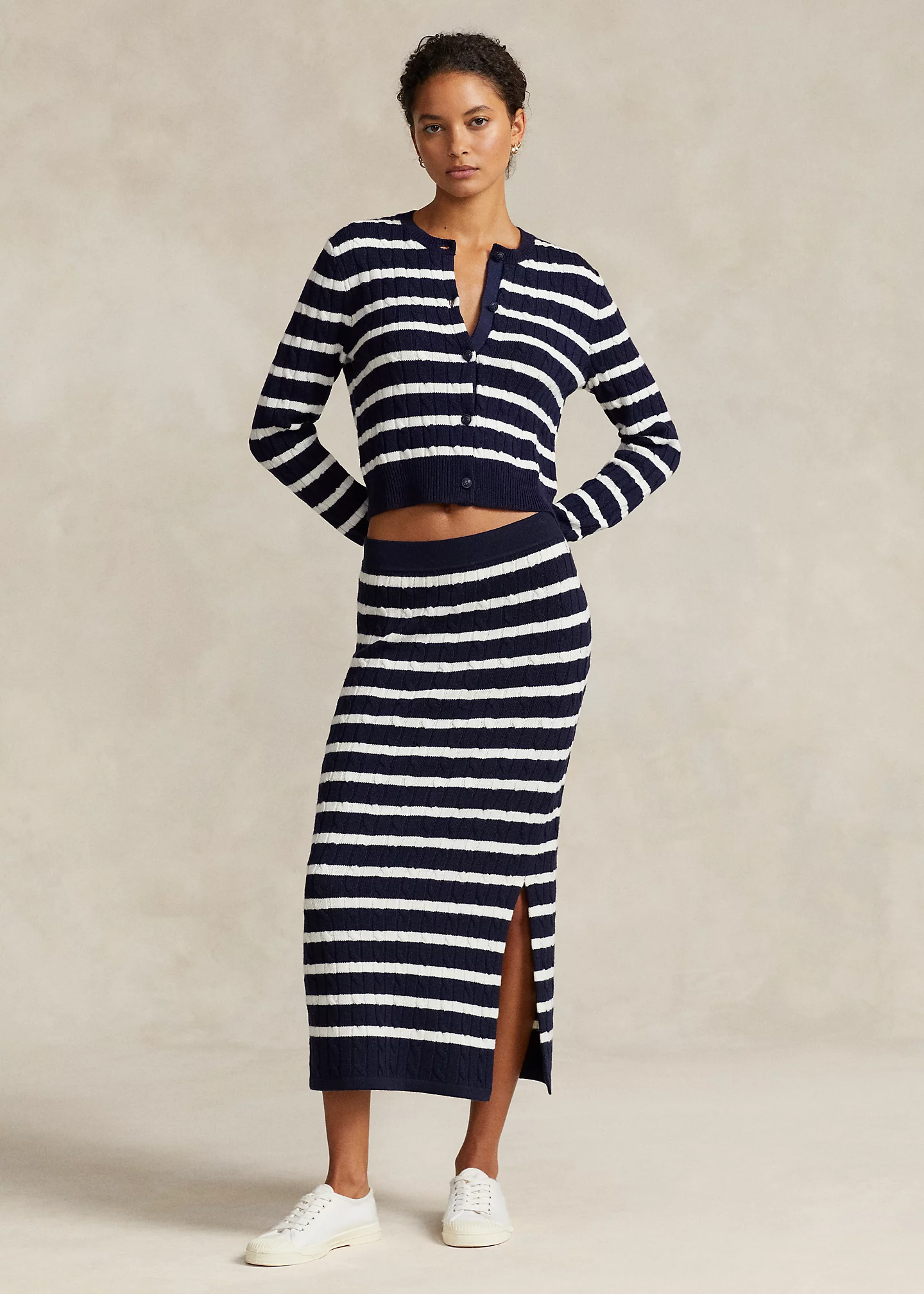 Striped Cable-Knit Pull-On Sweater Skirt