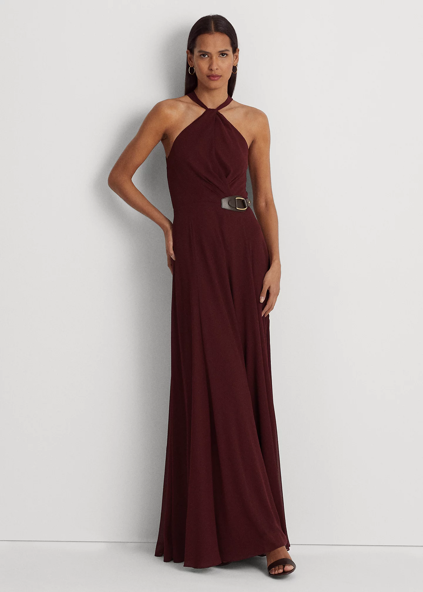 Buckle-Trim Georgette Halter Gown