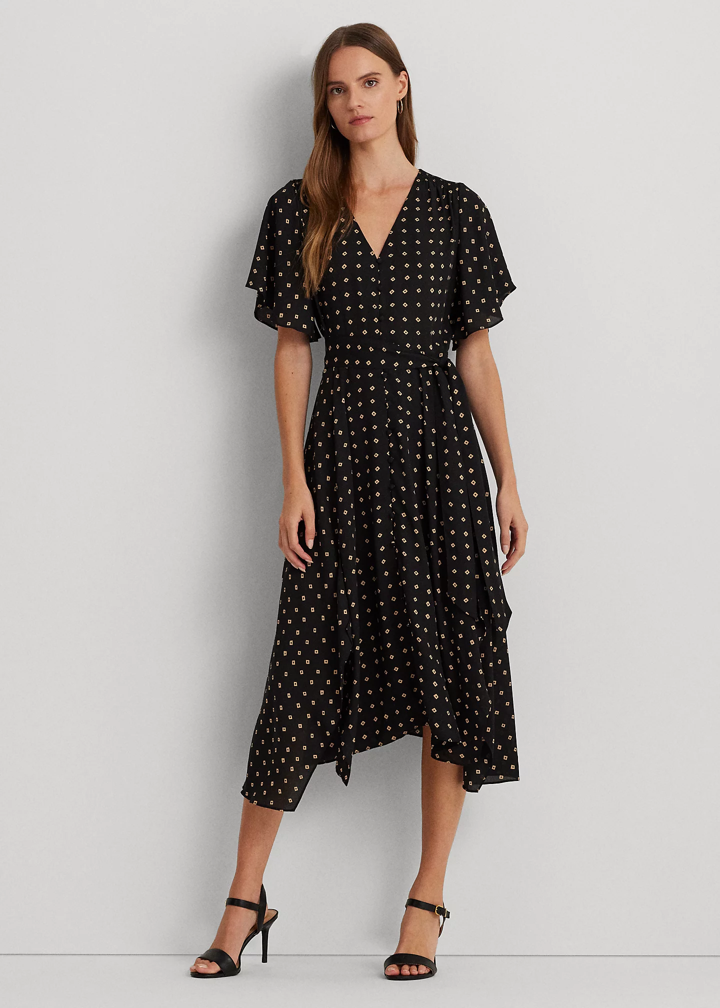 Geo-Print Crepe Flutter-Sleeve Dress