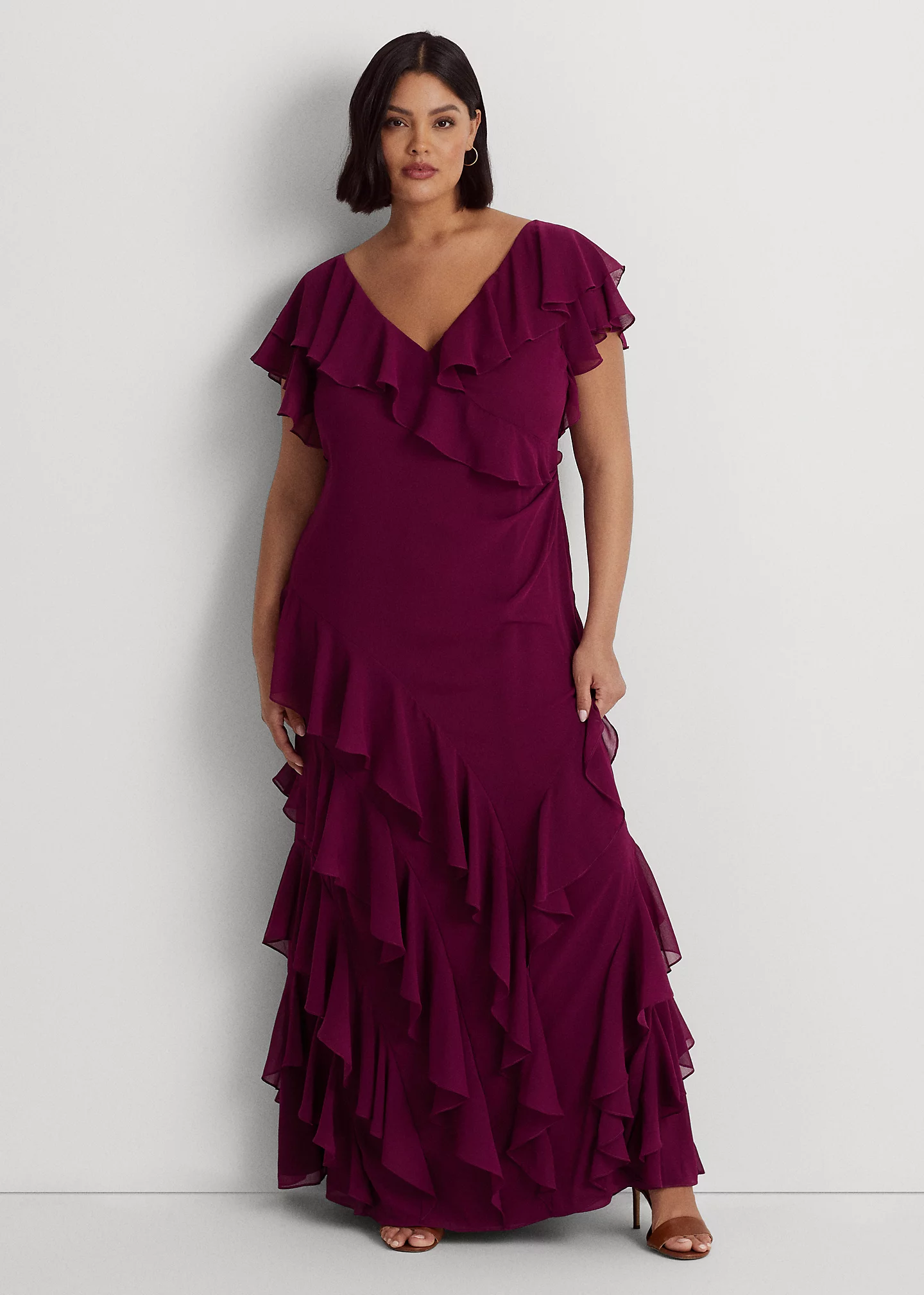 Ruffle-Trim Crinkle Georgette Gown