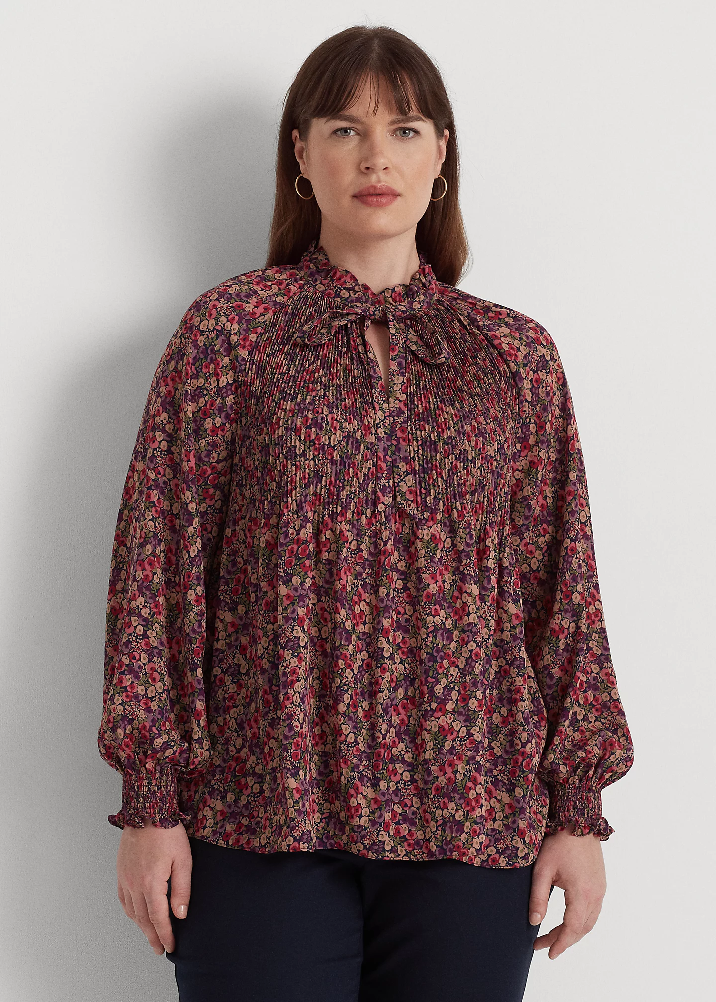 Floral Pleated Georgette Tie-Neck Blouse