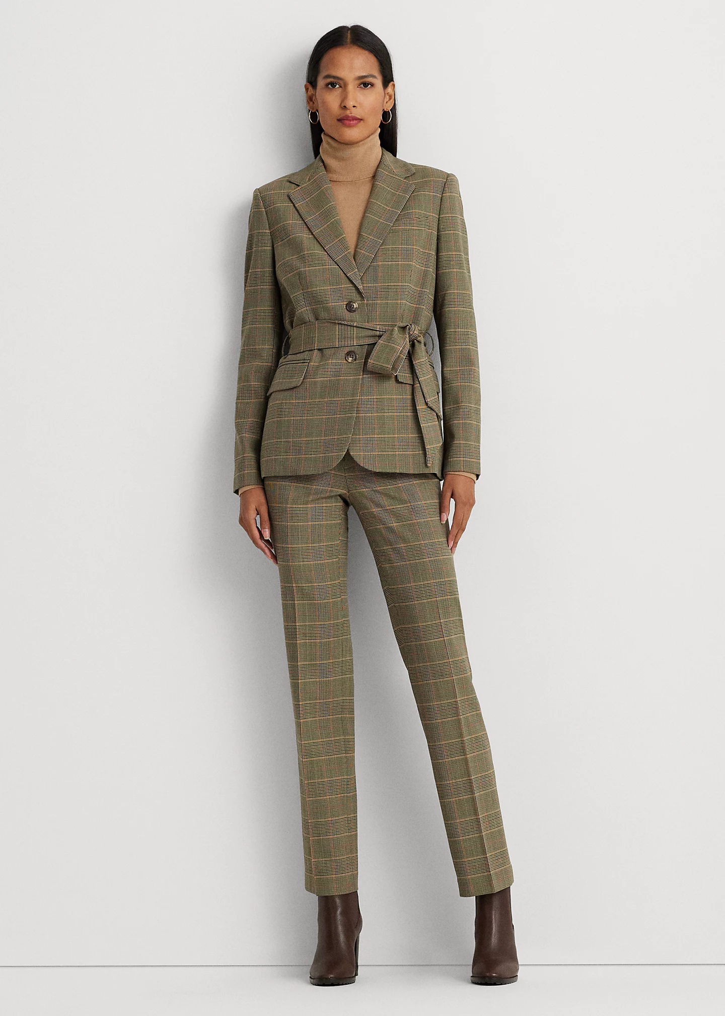 Checked Plaid Twill Straight-Leg Pant