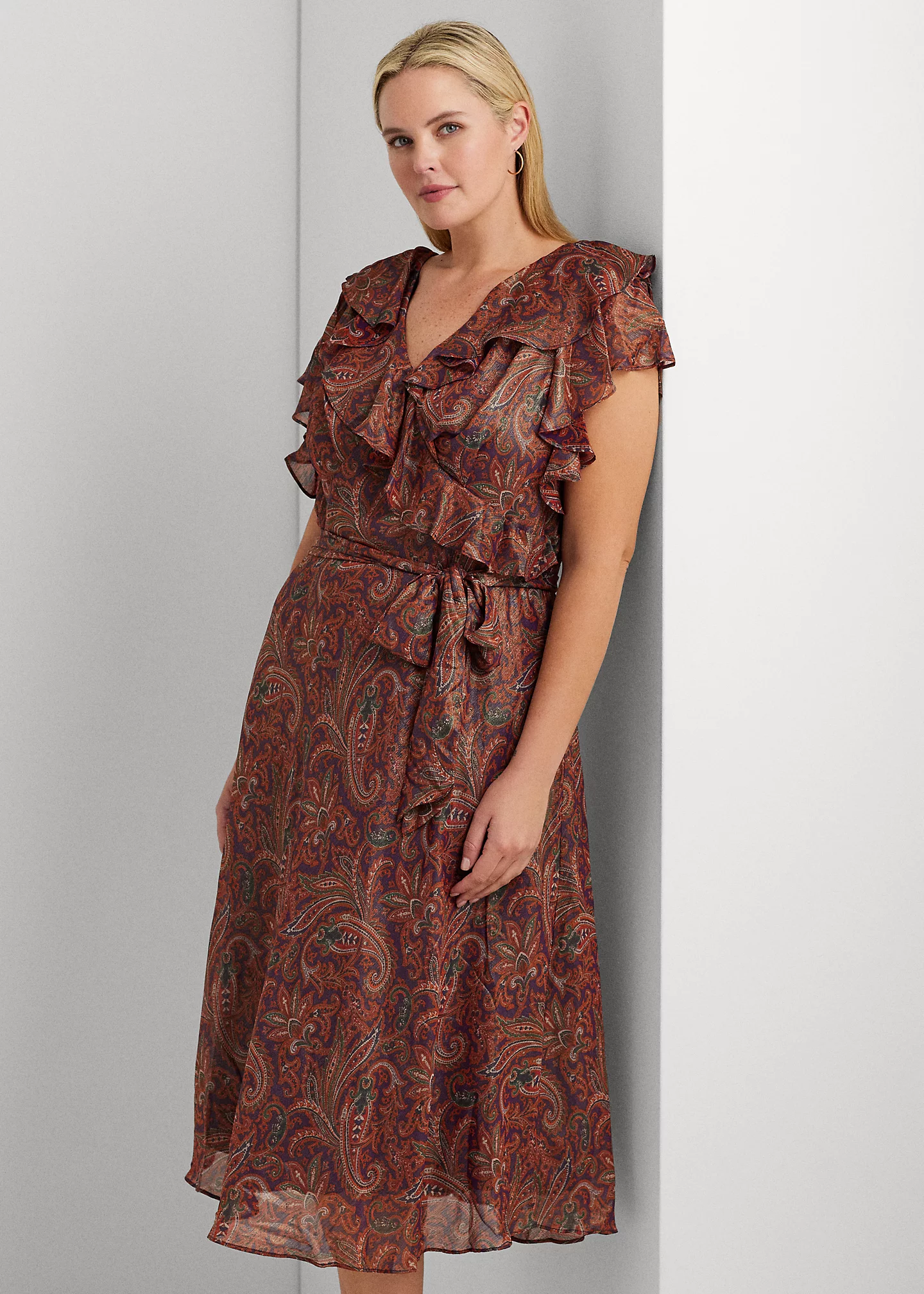 Print Ruffle-Trim Metallic Chiffon Dress