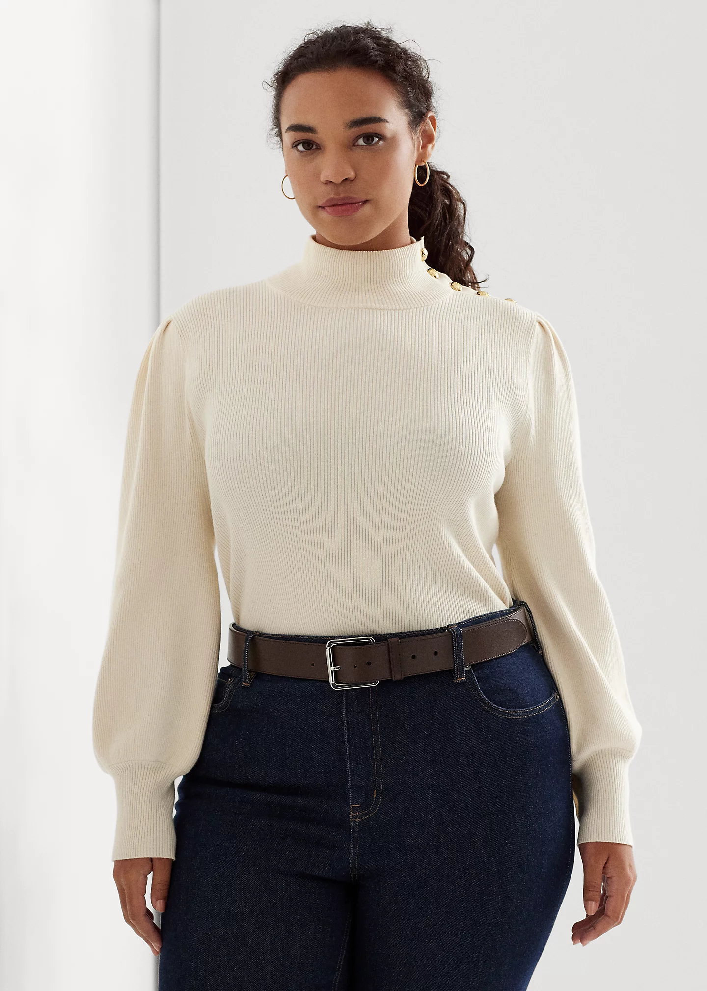 Button-Trim Mockneck Sweater