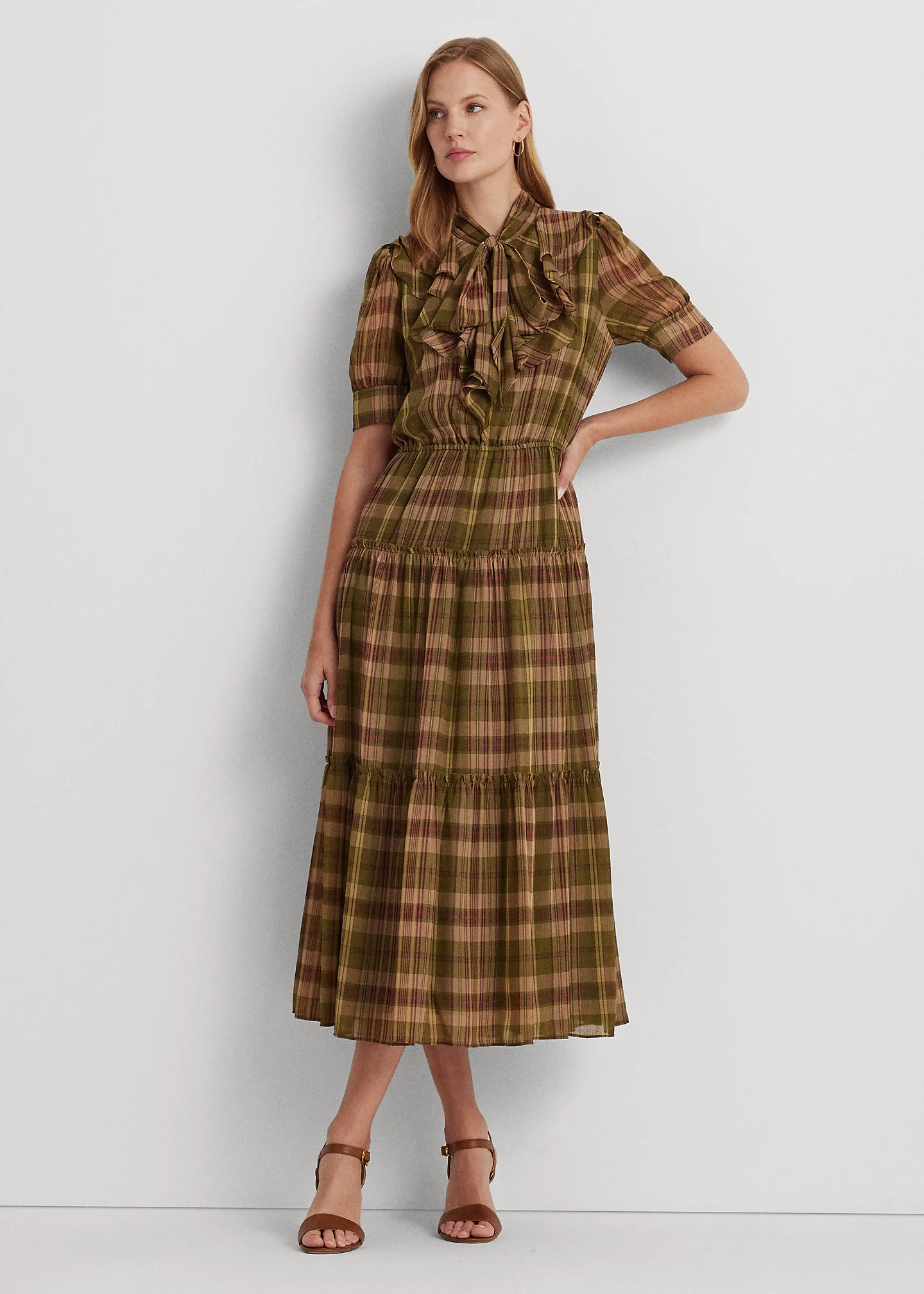 Plaid Crinkle Georgette Tie-Neck Dress