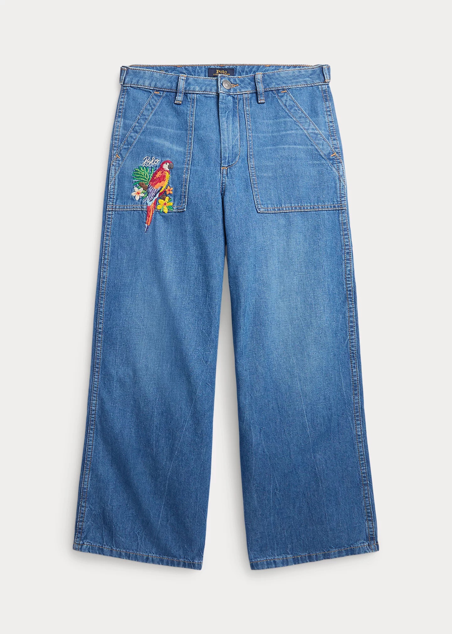 Tropical-Embroidery Wide-Leg Jean