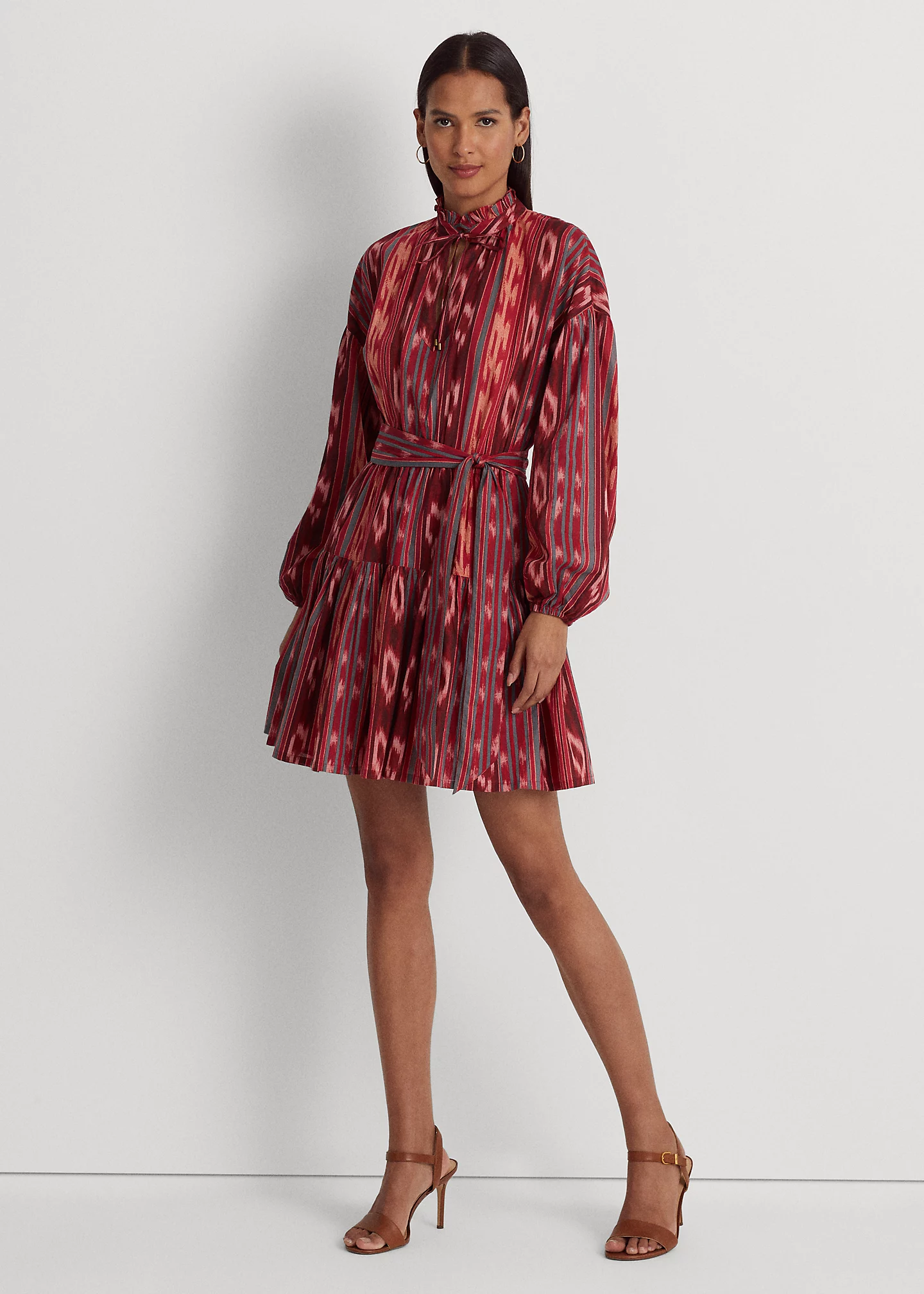 Geo-Stripe Belted Cotton Voile Dress