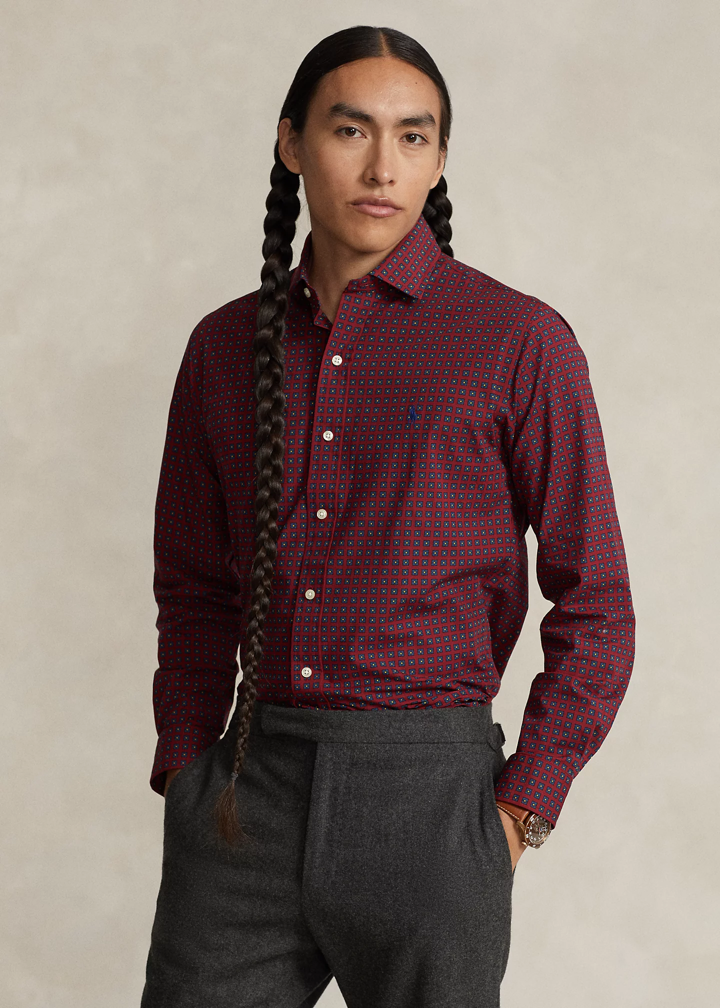 Classic Fit Print Stretch Poplin Shirt
