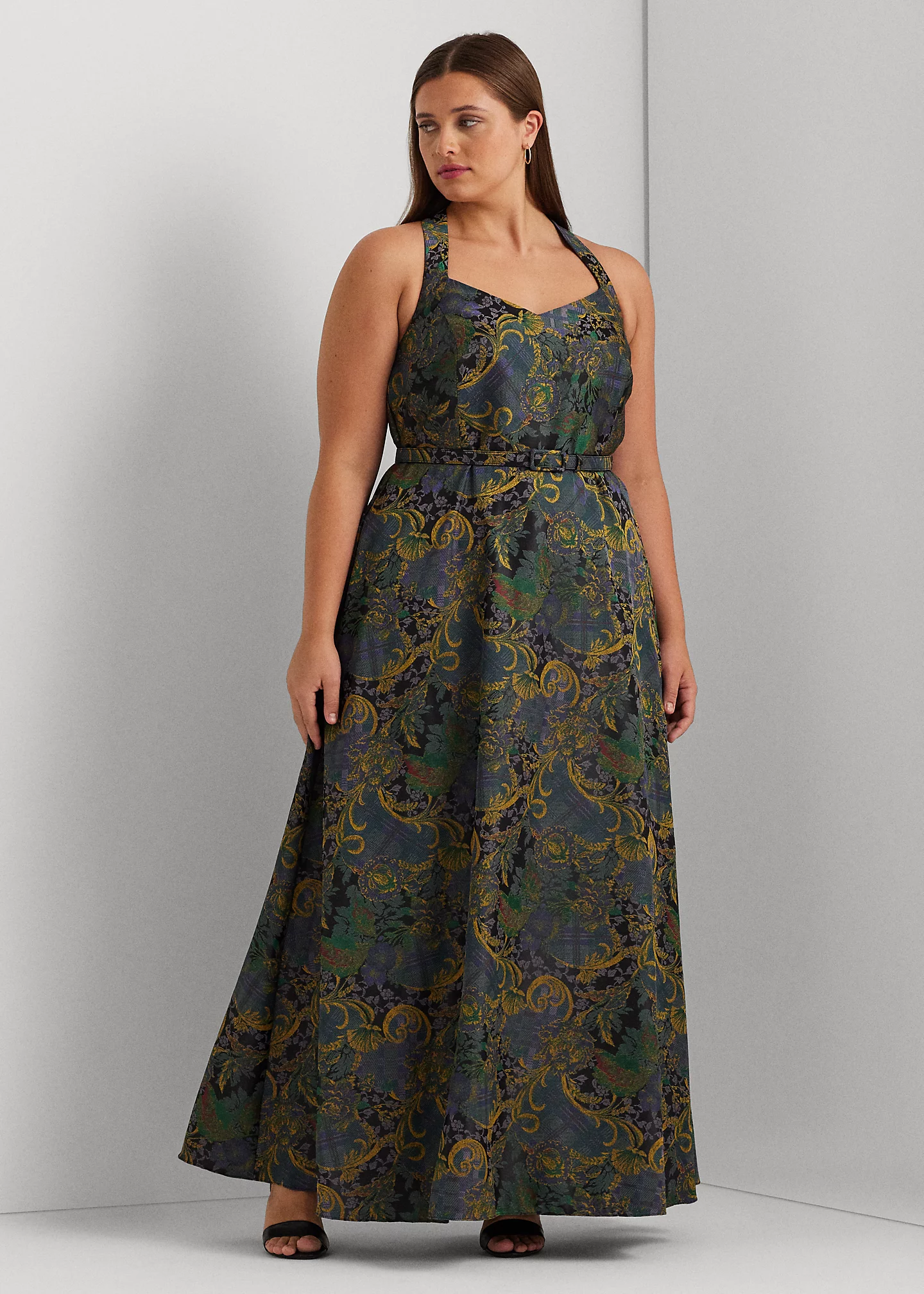 Mixed-Motif Belted Jacquard Halter Gown