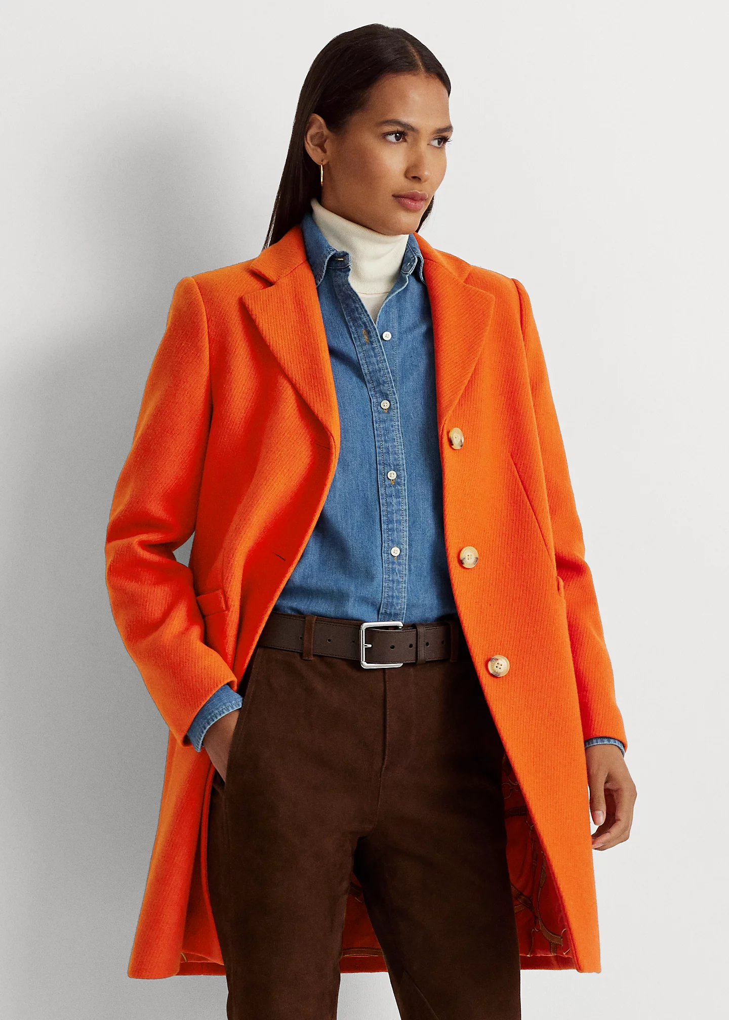 Wool-Blend Twill Reefer Coat