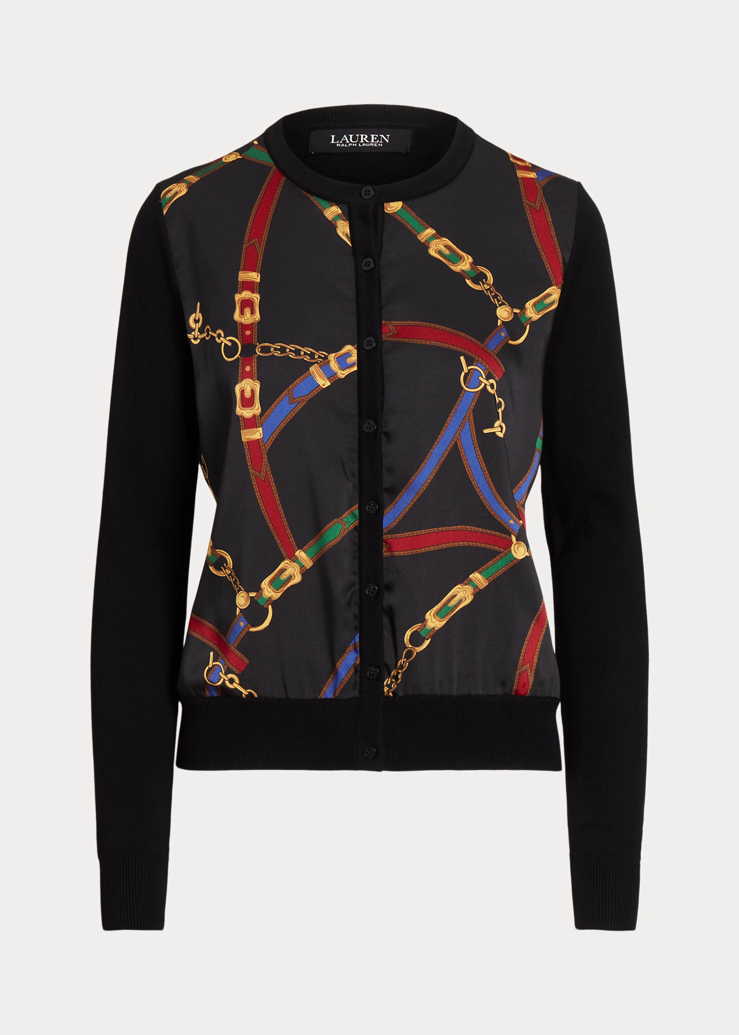 Belting-Print Twill & Jersey Cardigan