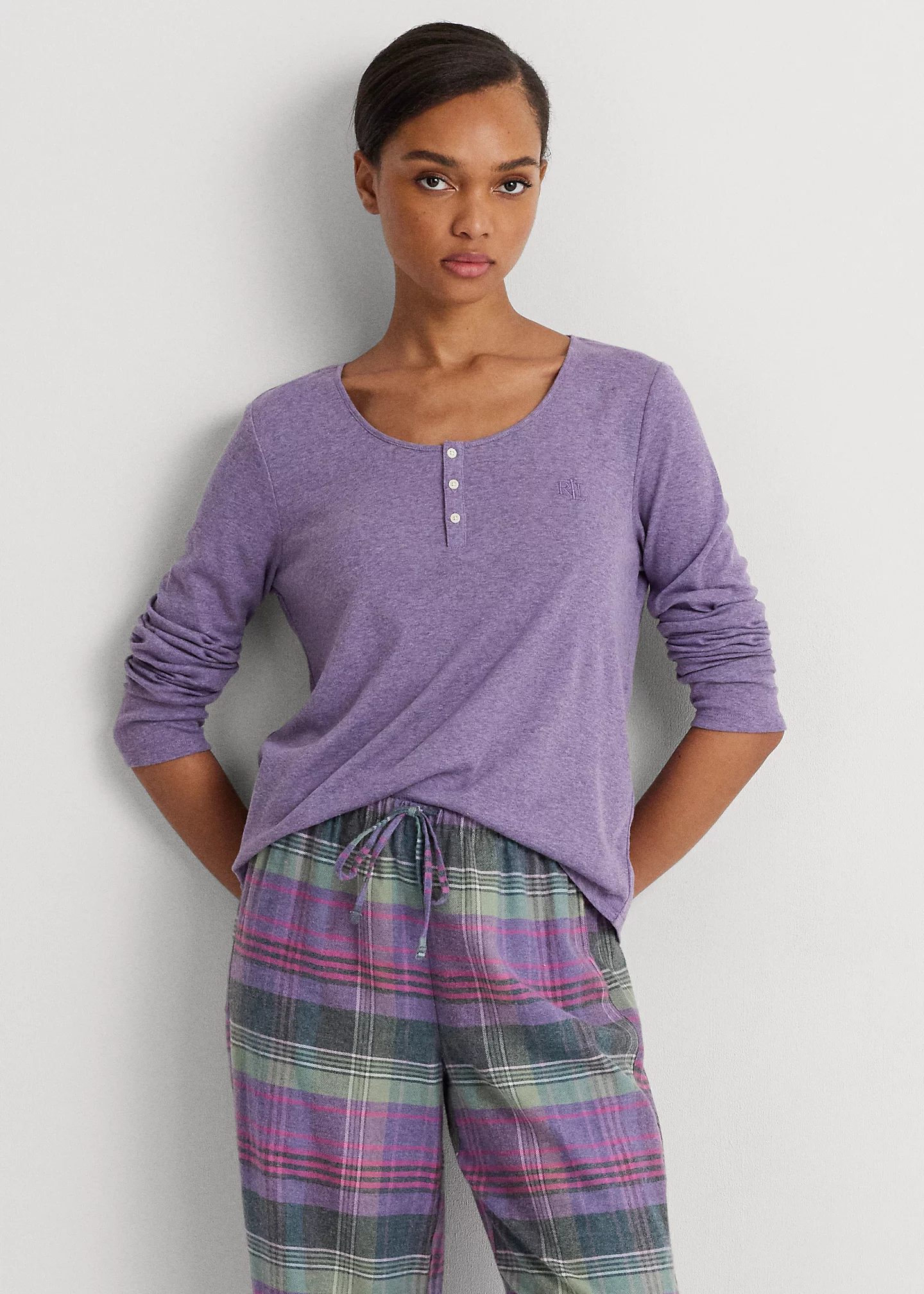 Plaid Cotton-Blend Henley Pajama Set