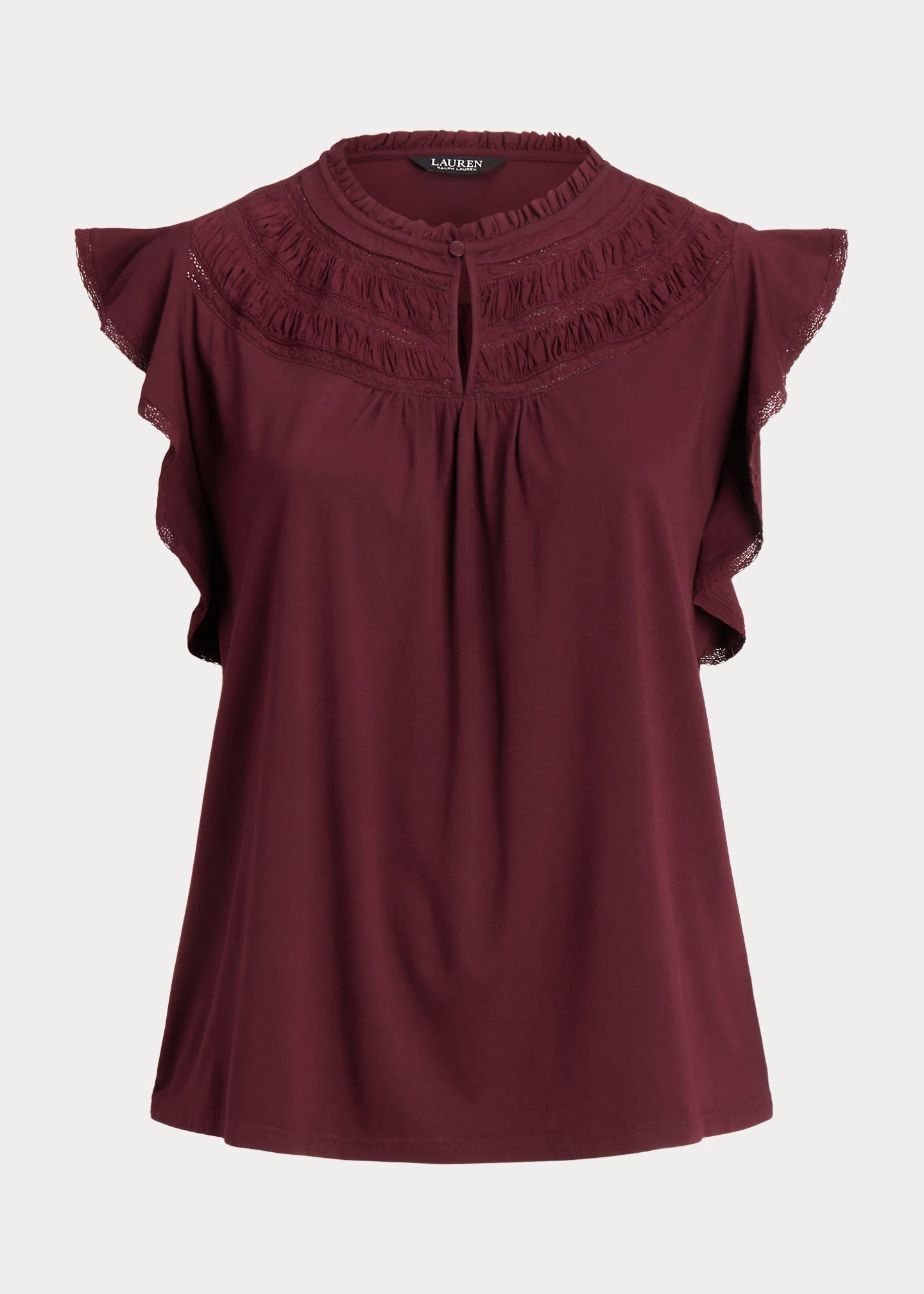 Lace-Trim Jersey Flutter-Sleeve Blouse