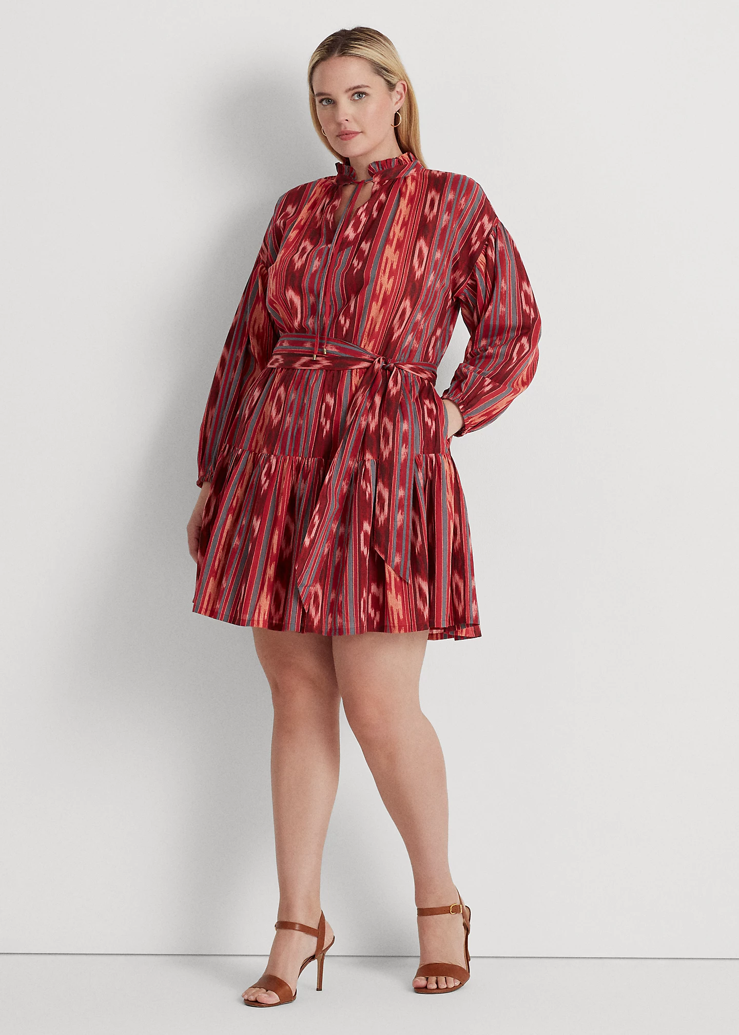 Geo-Stripe Belted Cotton Voile Dress