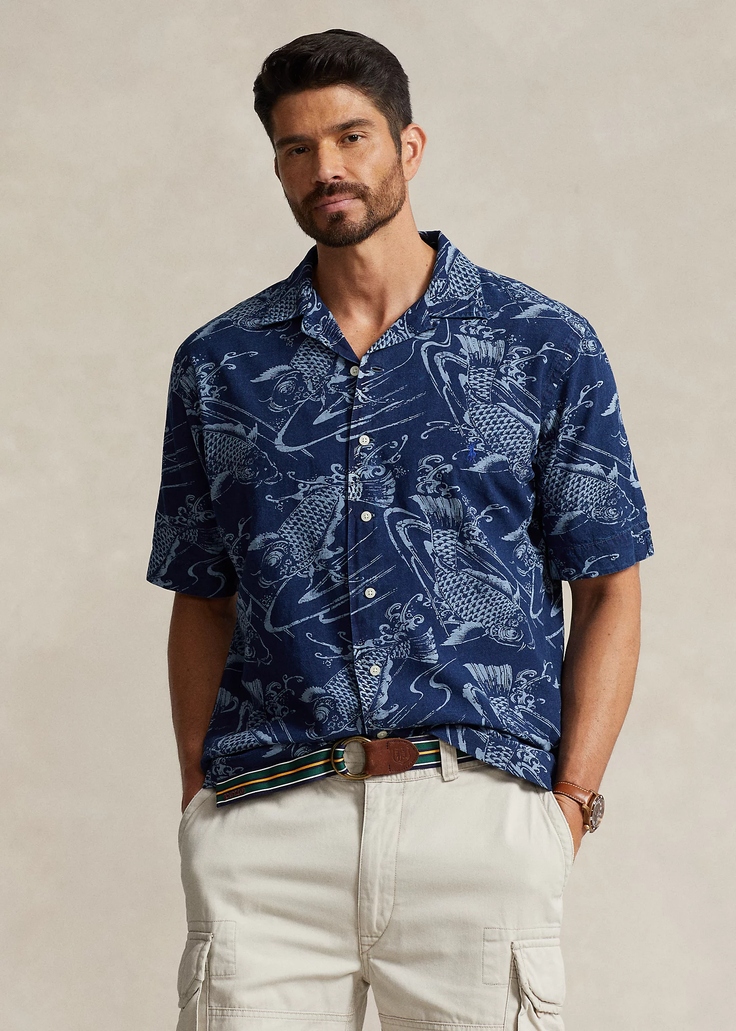 Koi-Print Cotton-Linen Shirt