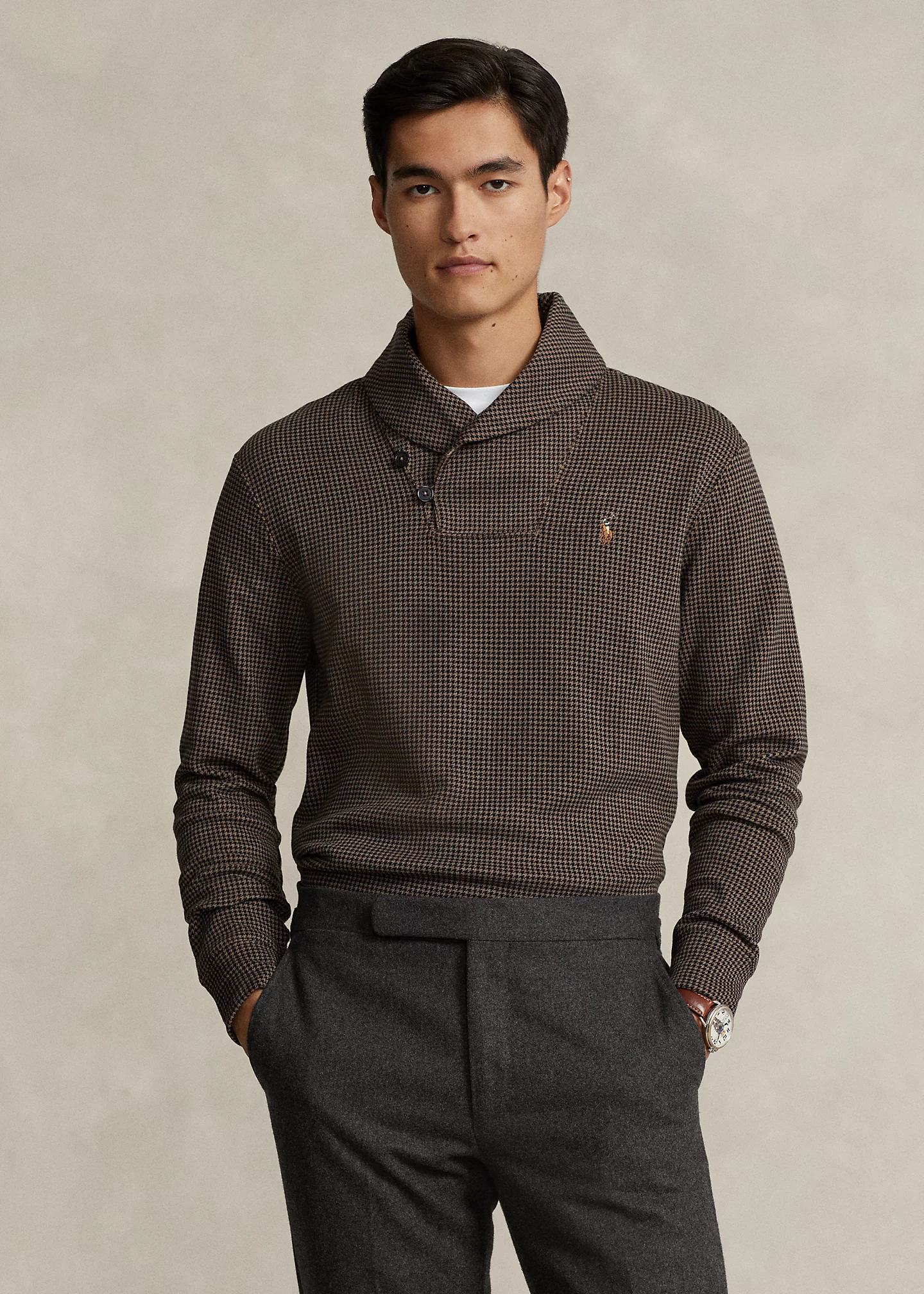 Houndstooth Estate-Rib Shawl Pullover