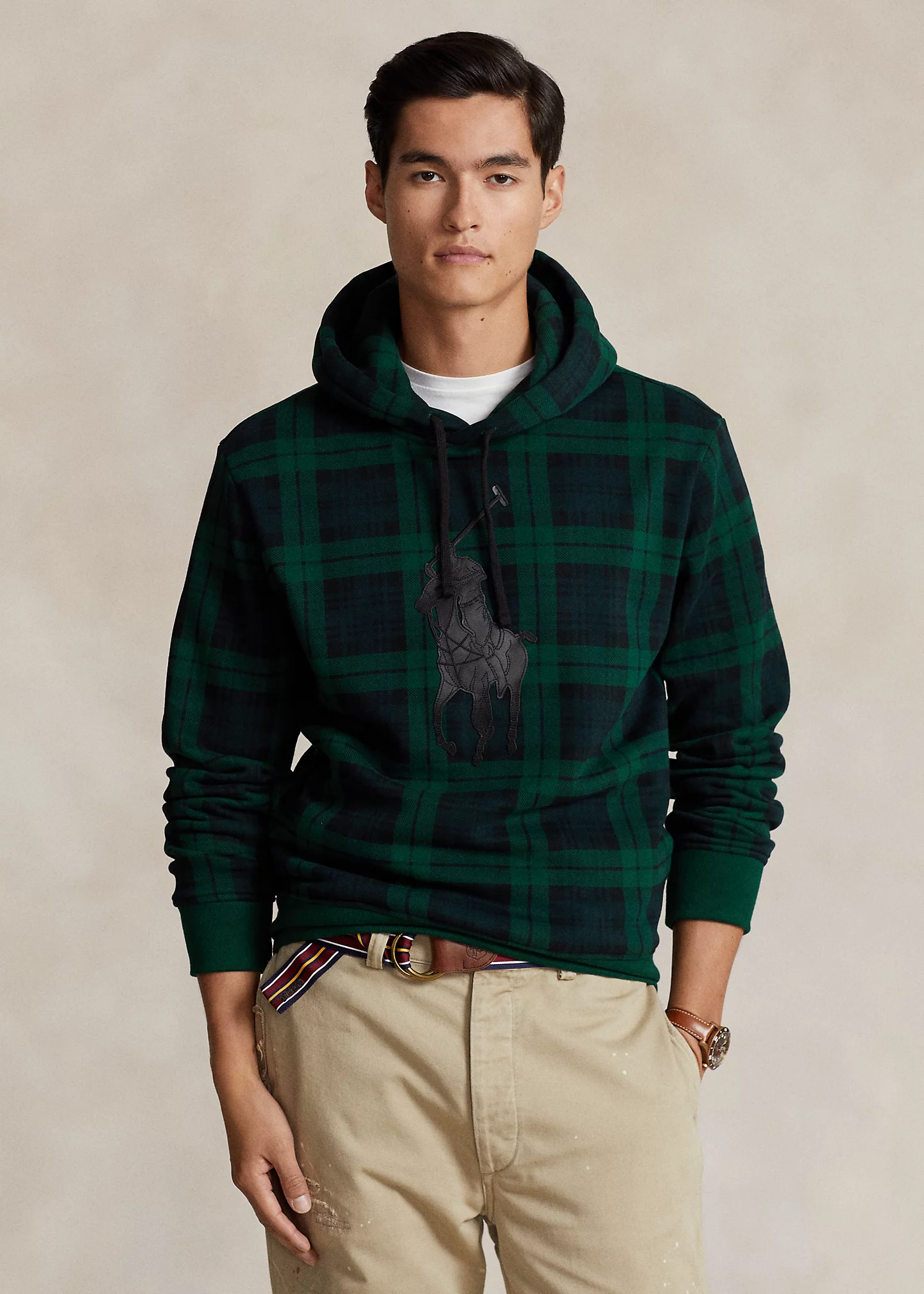 Leather-Pony Plaid Fleece Hoodie