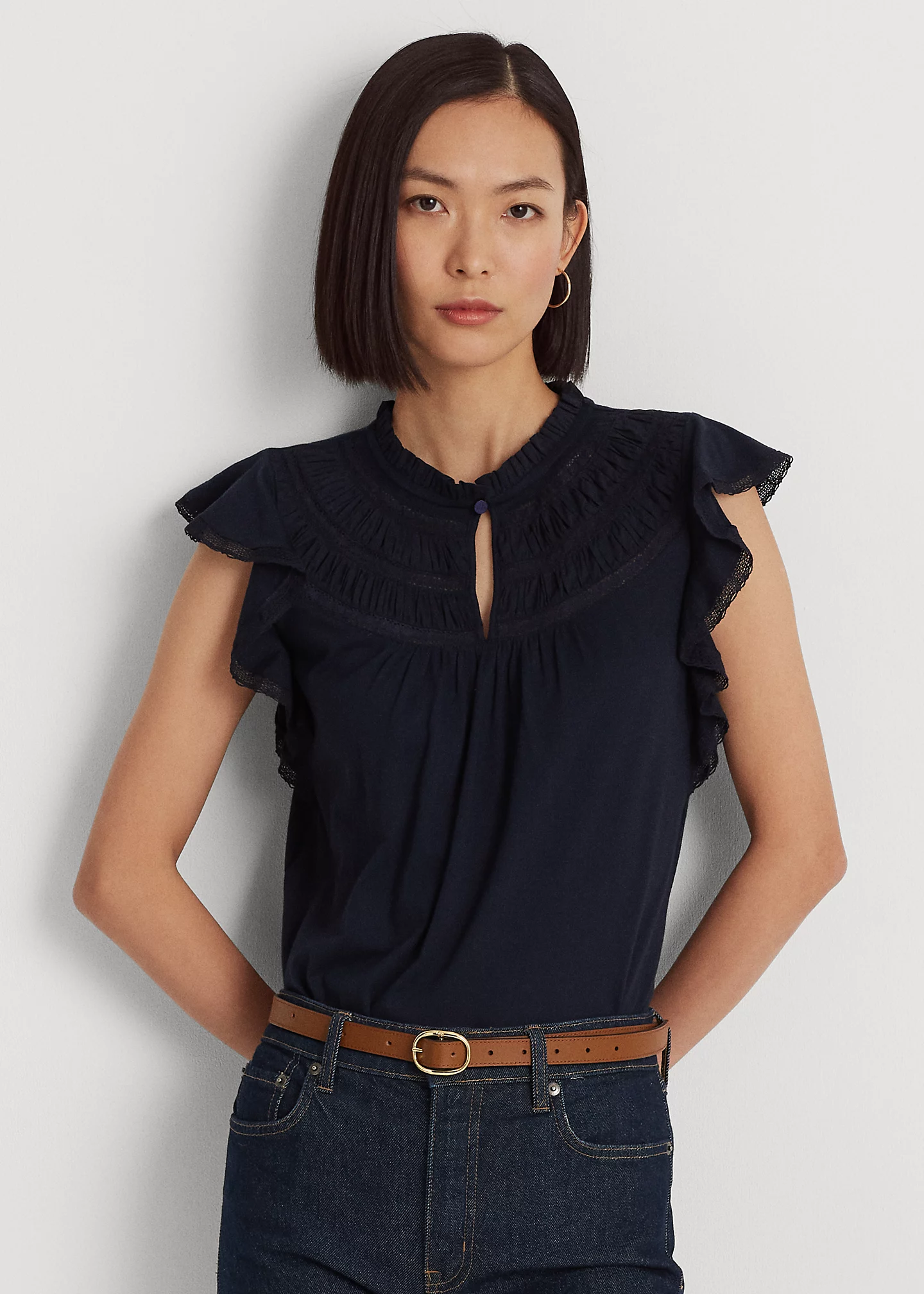 Lace-Trim Jersey Flutter-Sleeve Blouse