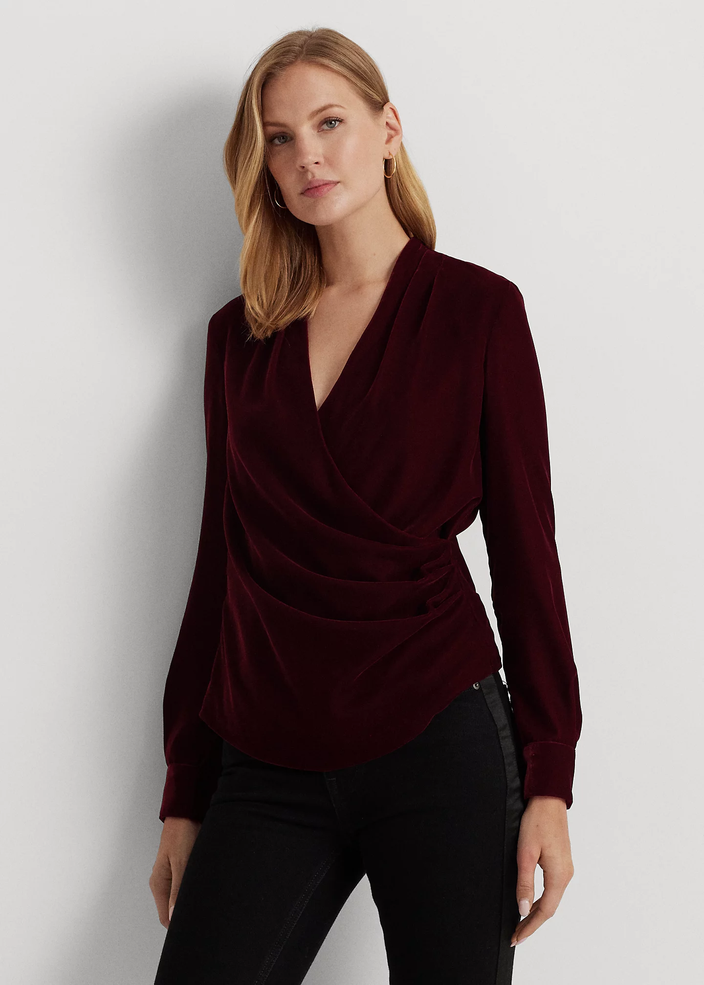 Pleated Velvet Surplice Blouse