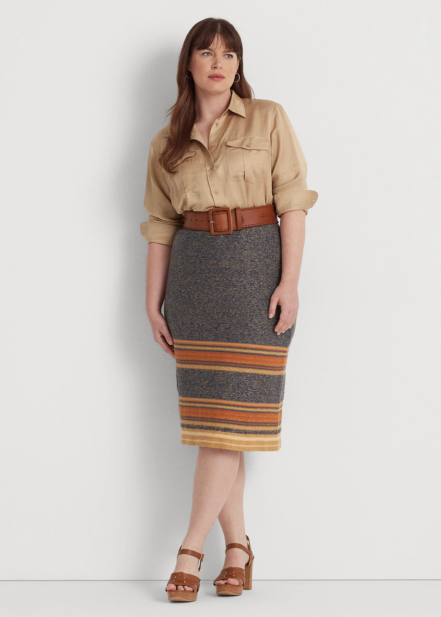 Striped Cotton-Linen Knit Pencil Skirt
