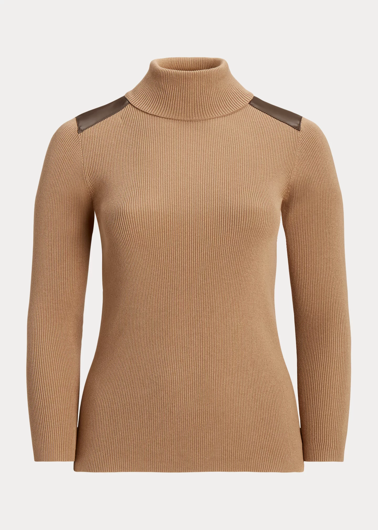 Faux-Leather-Trim Ribbed Turtleneck