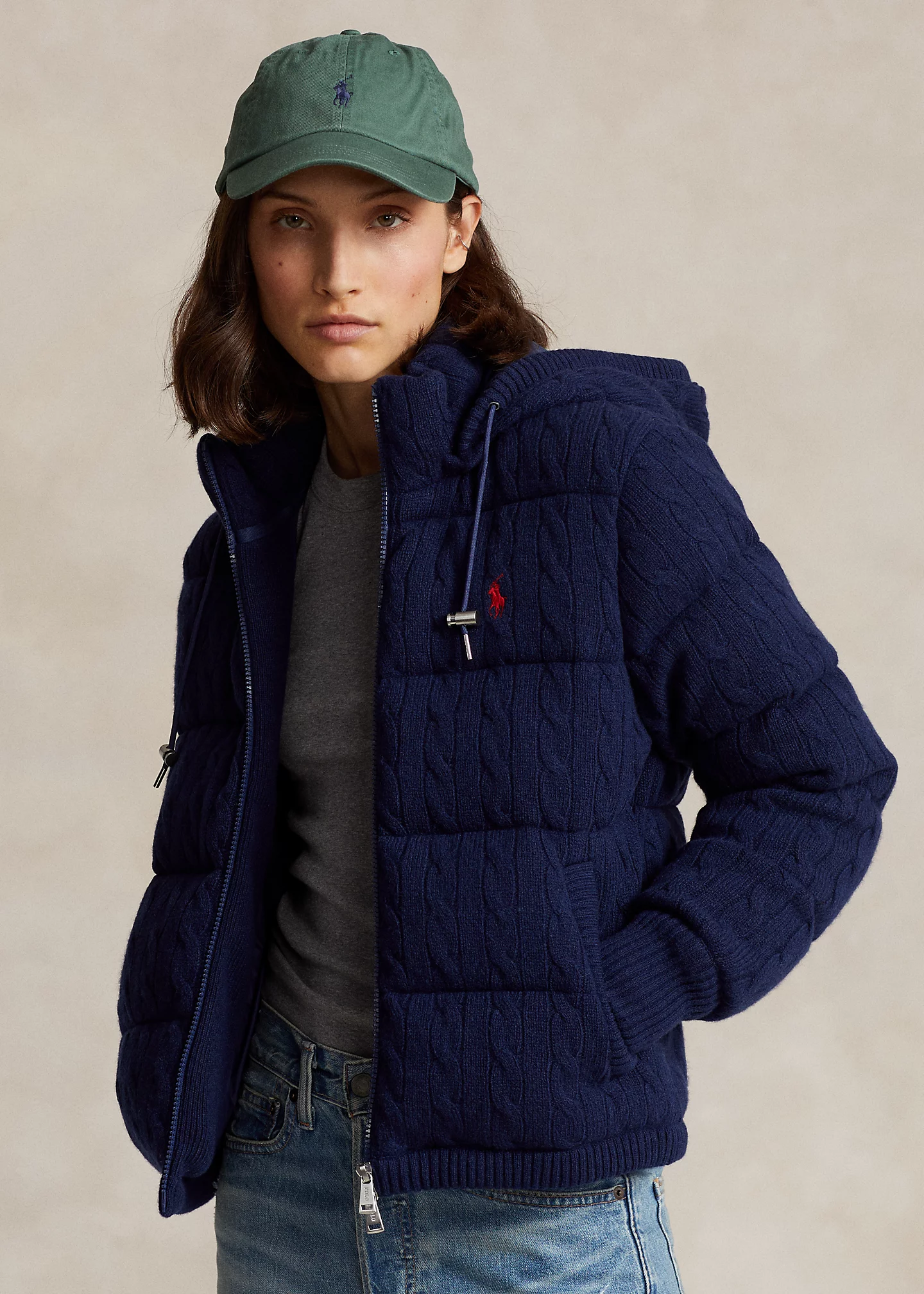 Cable-Knit Hooded Down Coat