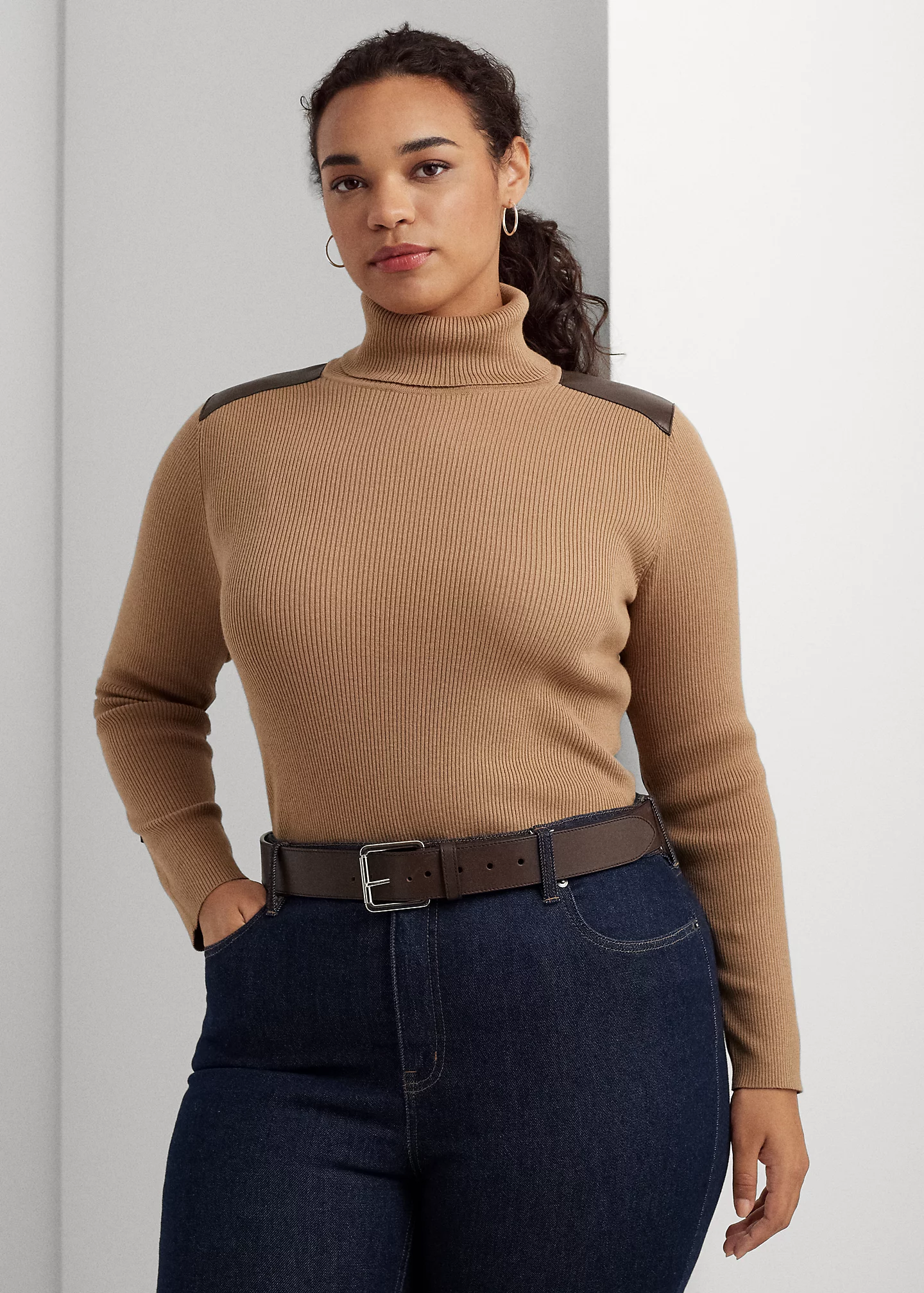 Faux-Leather-Trim Ribbed Turtleneck