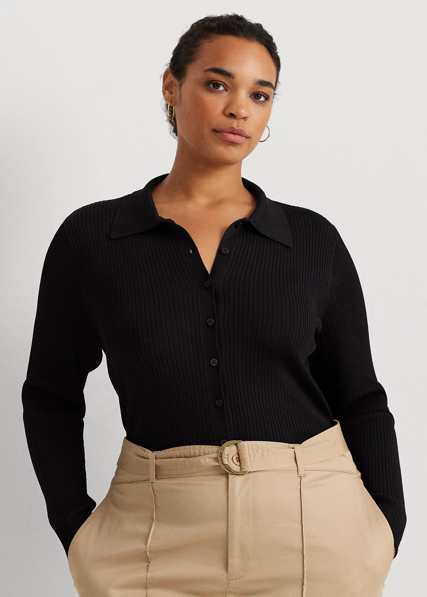 Rib-Knit Long-Sleeve Polo Cardigan