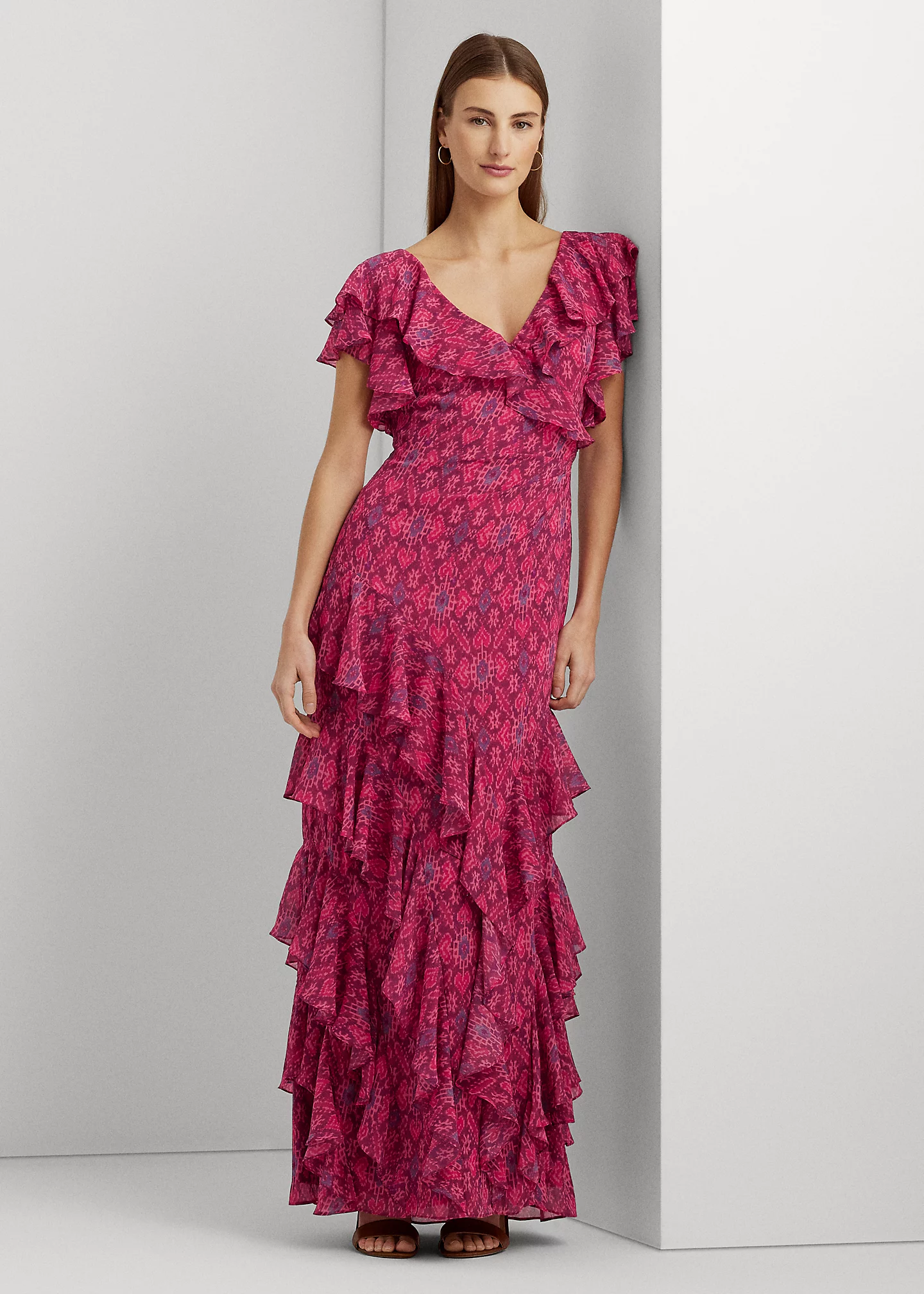Geo-Print Ruffle-Trim Georgette Gown