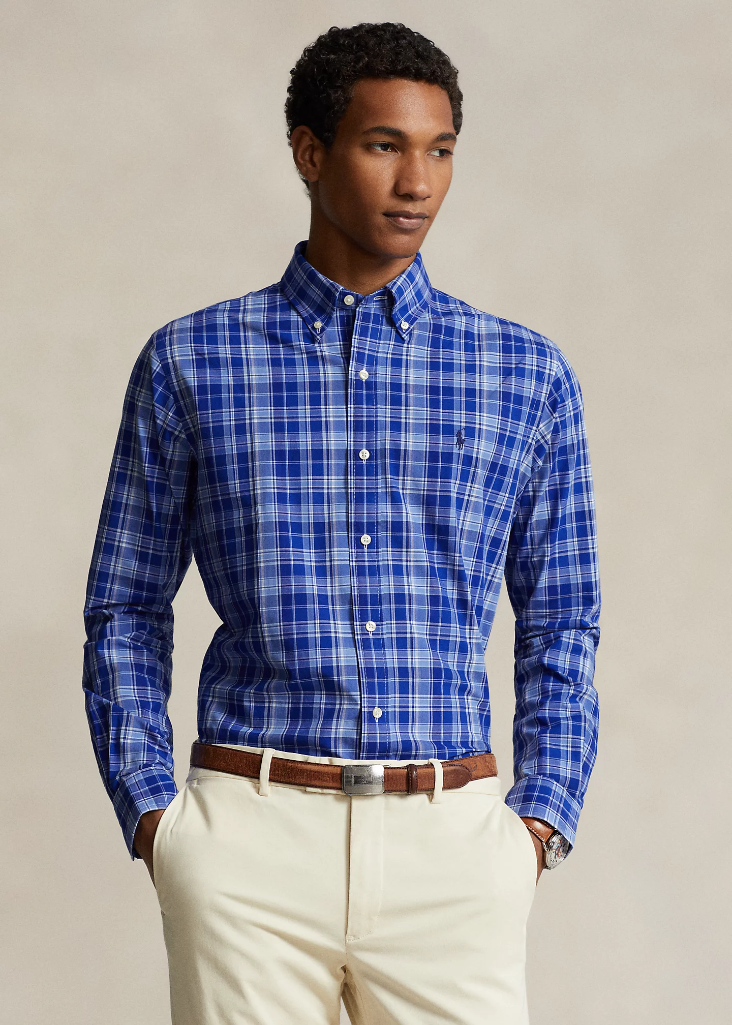Classic Fit Plaid Stretch Poplin Shirt