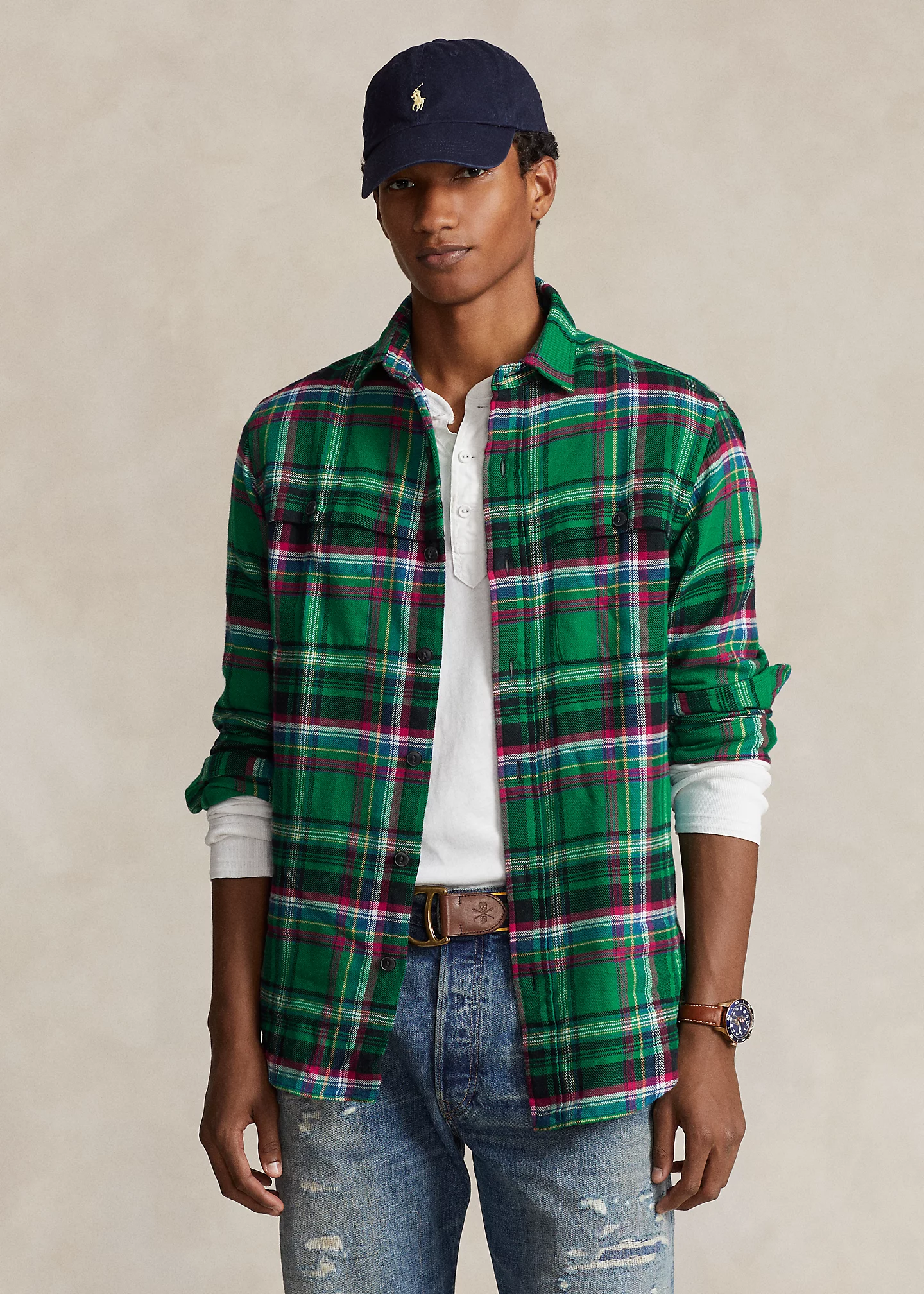 Classic Fit Suede-Patch Plaid Workshirt