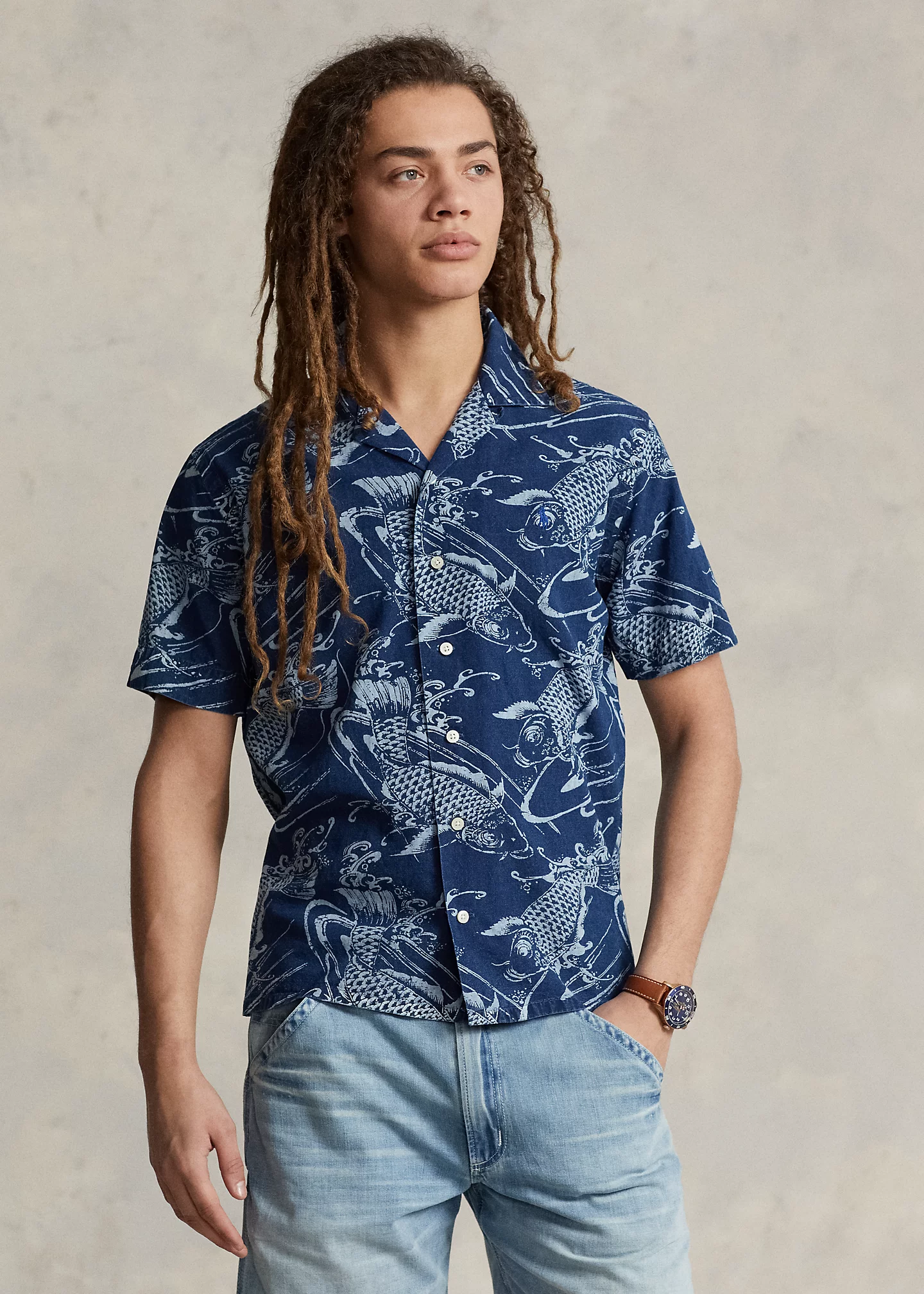 Classic Fit Koi-Print Cotton-Linen Shirt