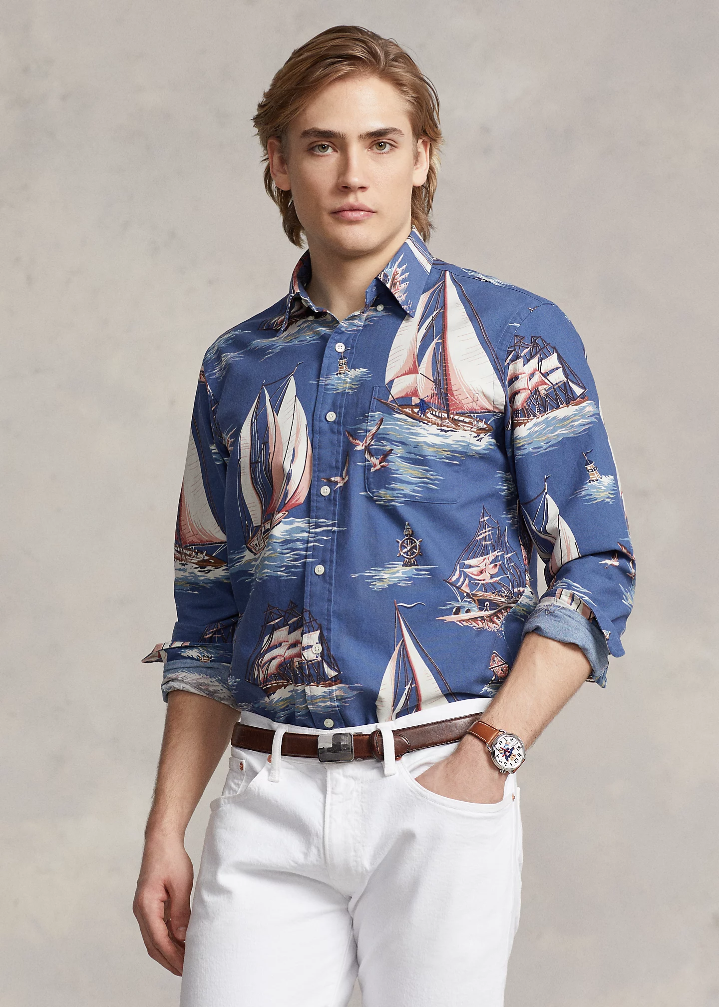 Classic Fit Ship-Print Oxford Shirt