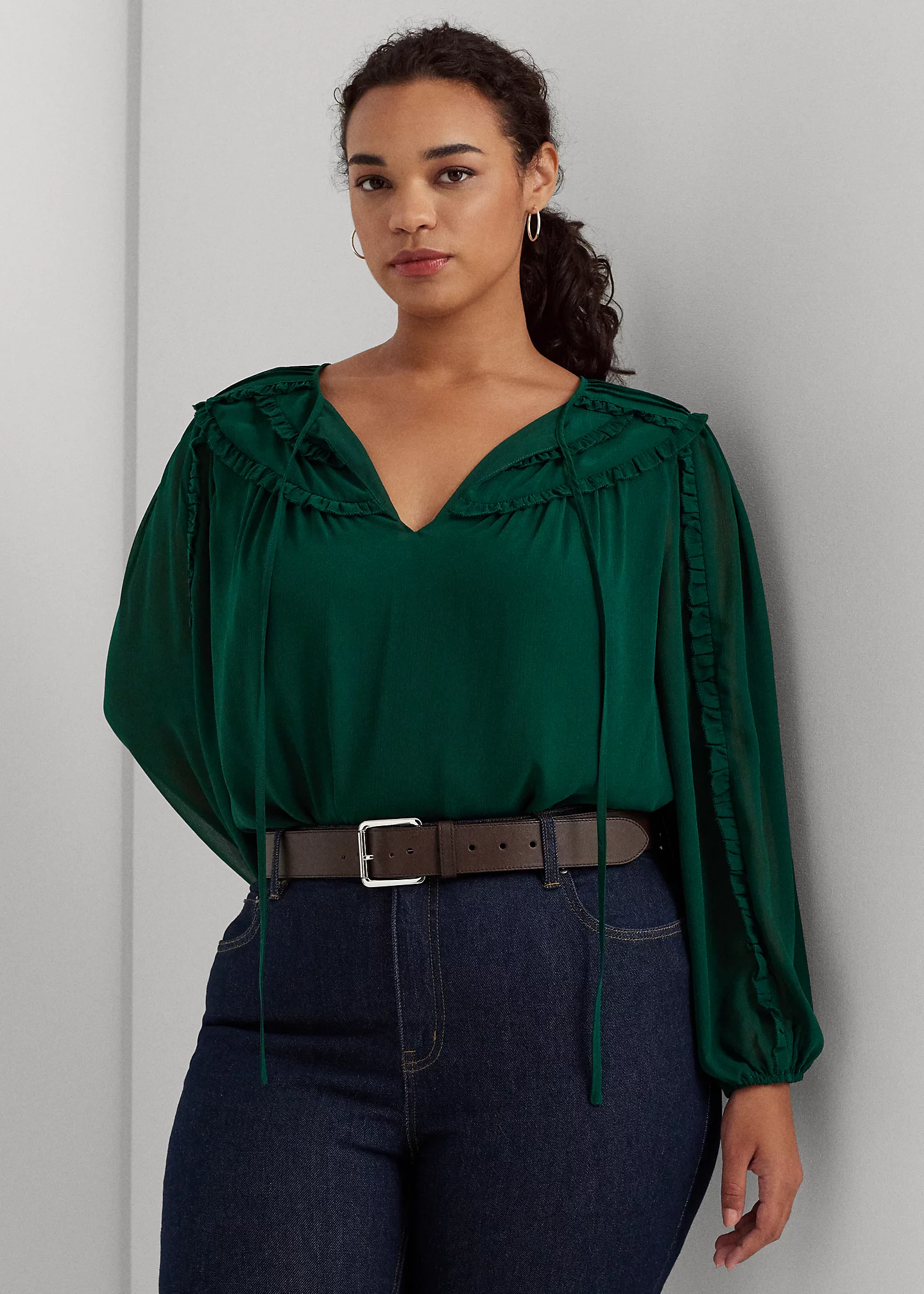 Ruffle-Trim Georgette Tie-Neck Blouse