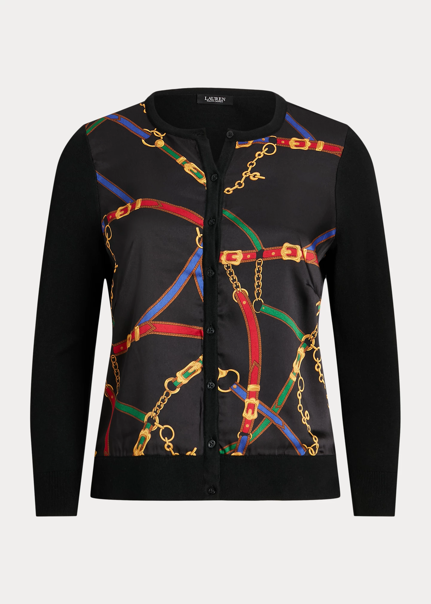 Belting-Print Twill & Jersey Cardigan