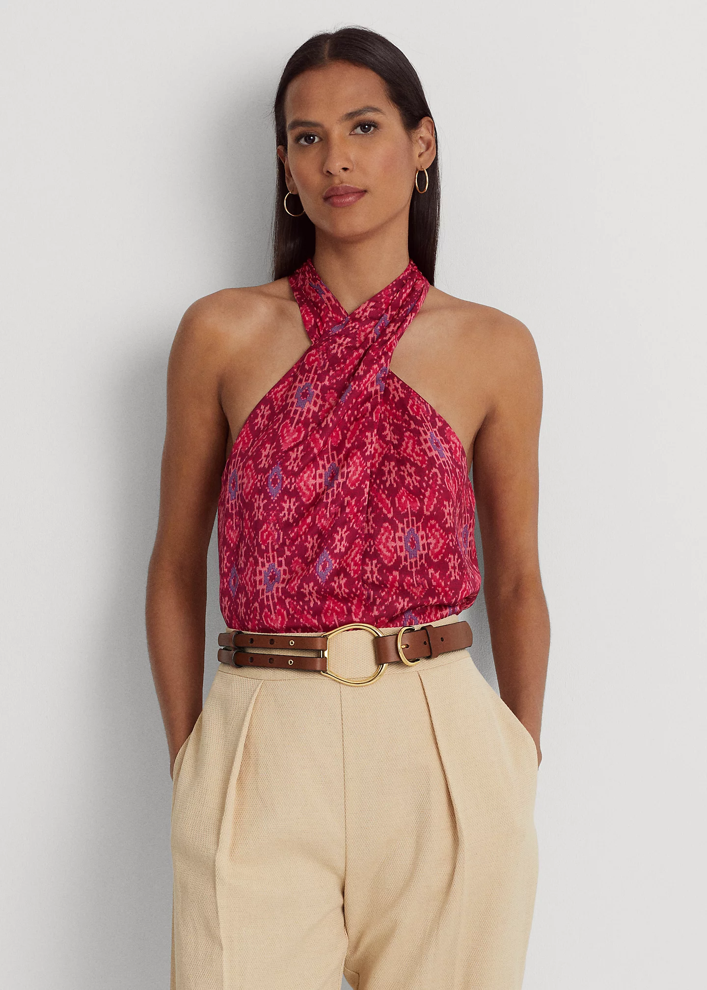 Geo-Print Shantung Halter Blouse