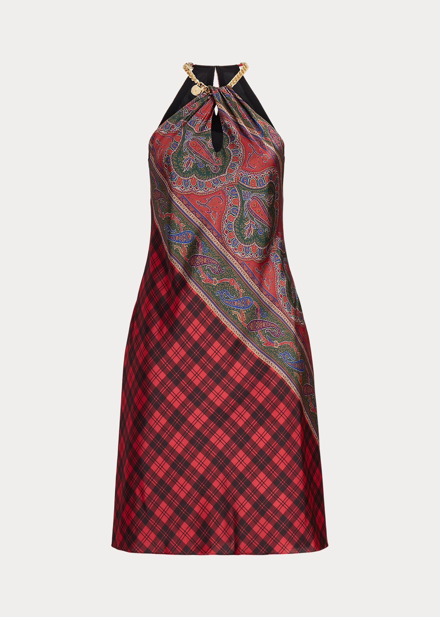 Plaid-Paisley Charmeuse Halter Dress
