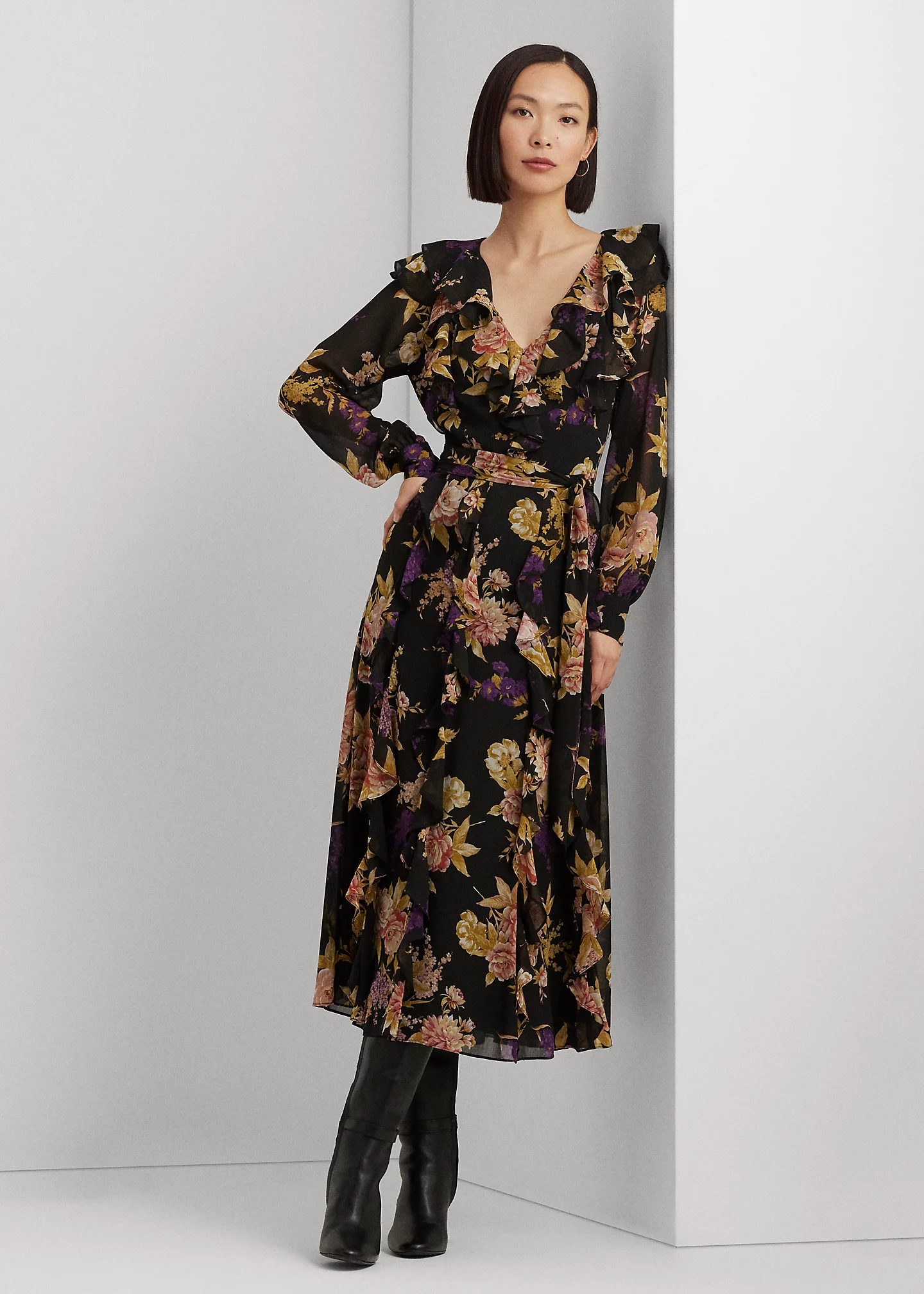 Floral Ruffle-Trim Georgette Dress