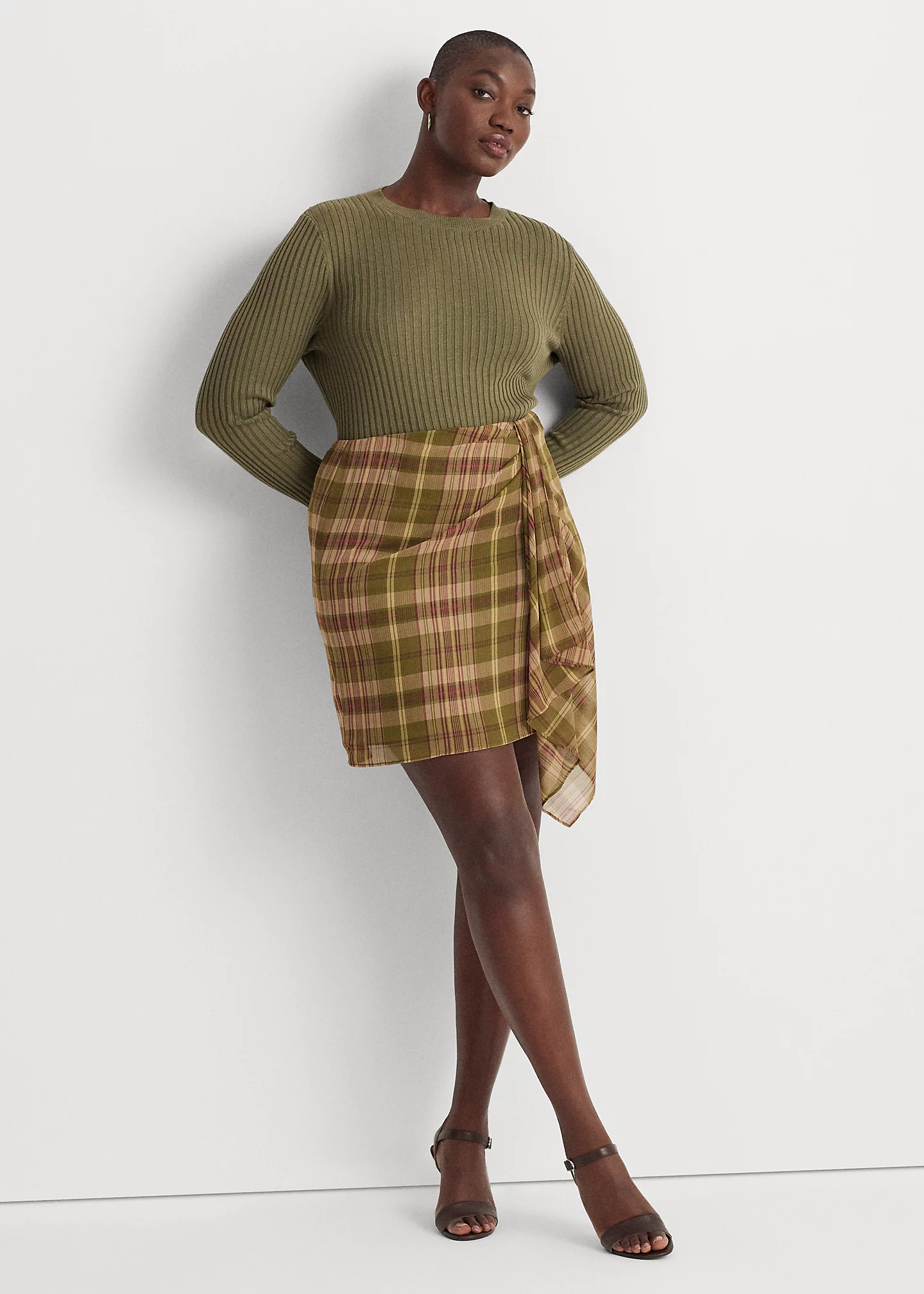 Plaid Ruffle-Trim Georgette Skirt