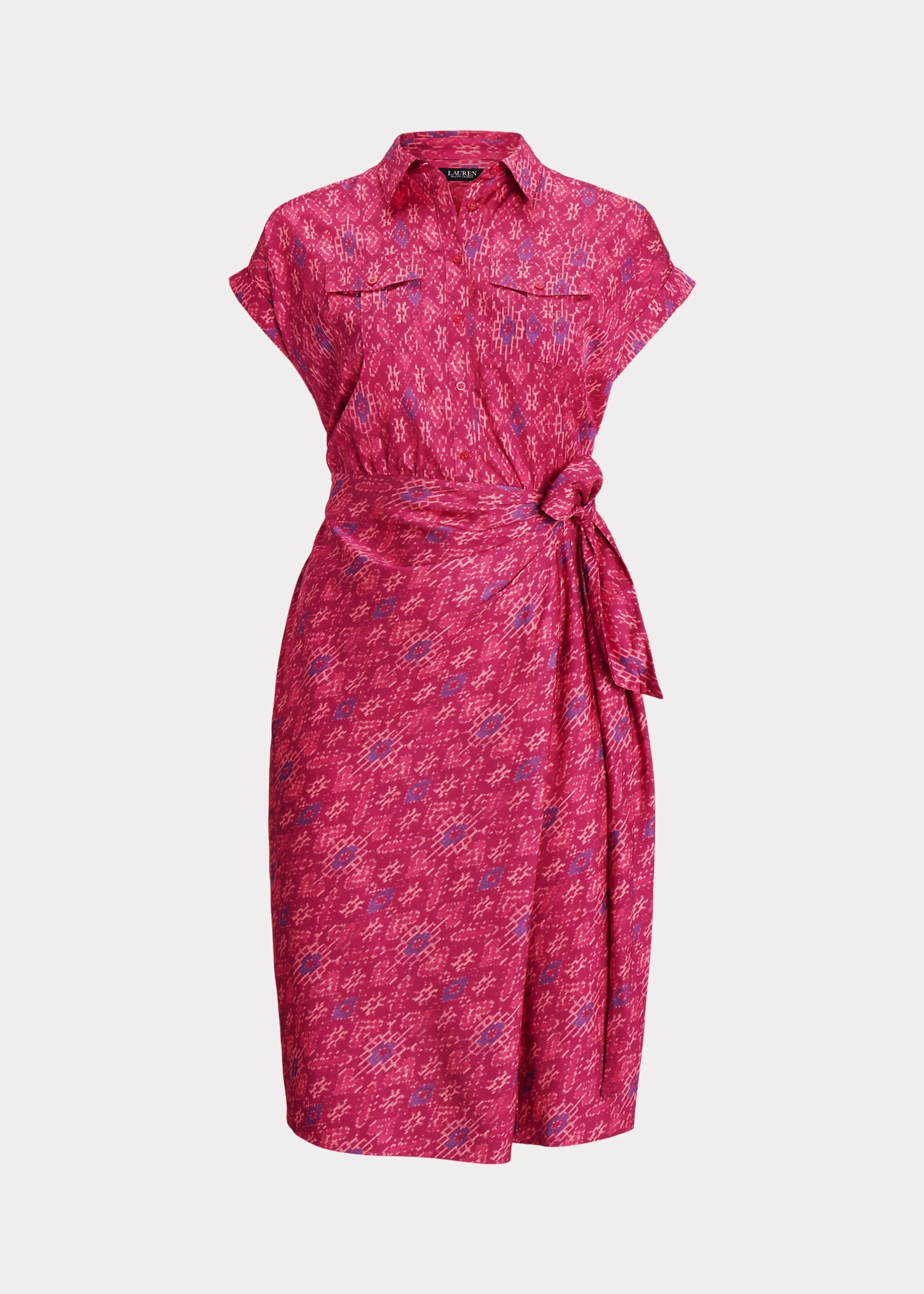 Geo-Print Shantung Tie-Waist Dress