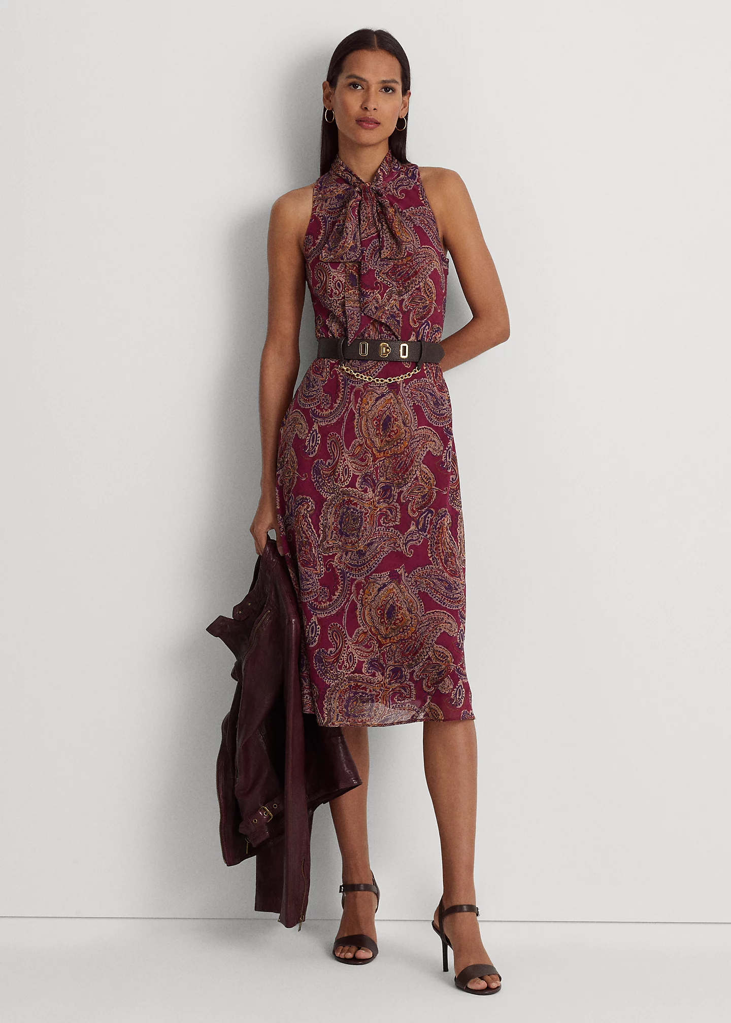 Paisley Crinkle Georgette Tie-Neck Dress