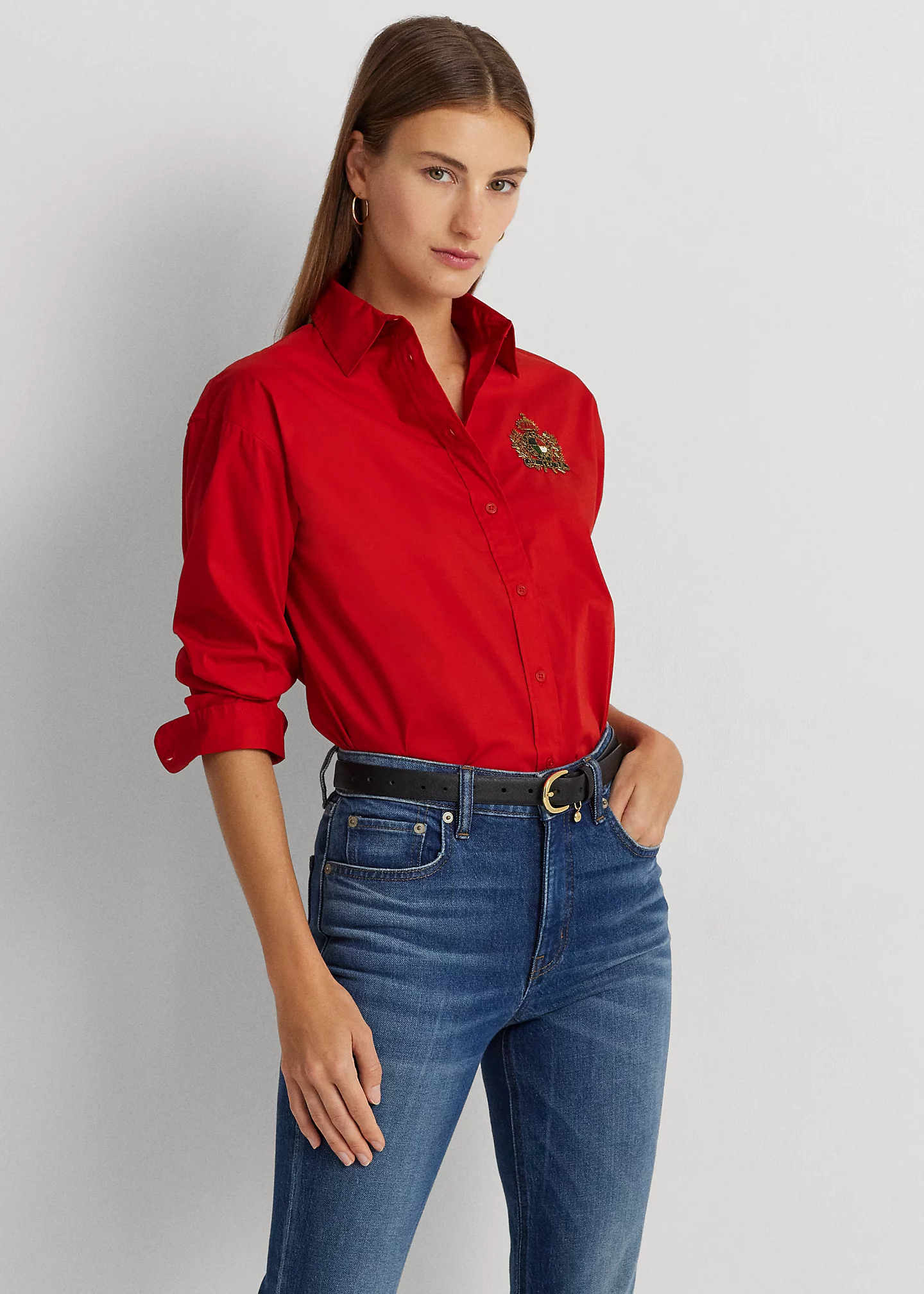 Beaded-Crest Stretch-Cotton Blend Shirt