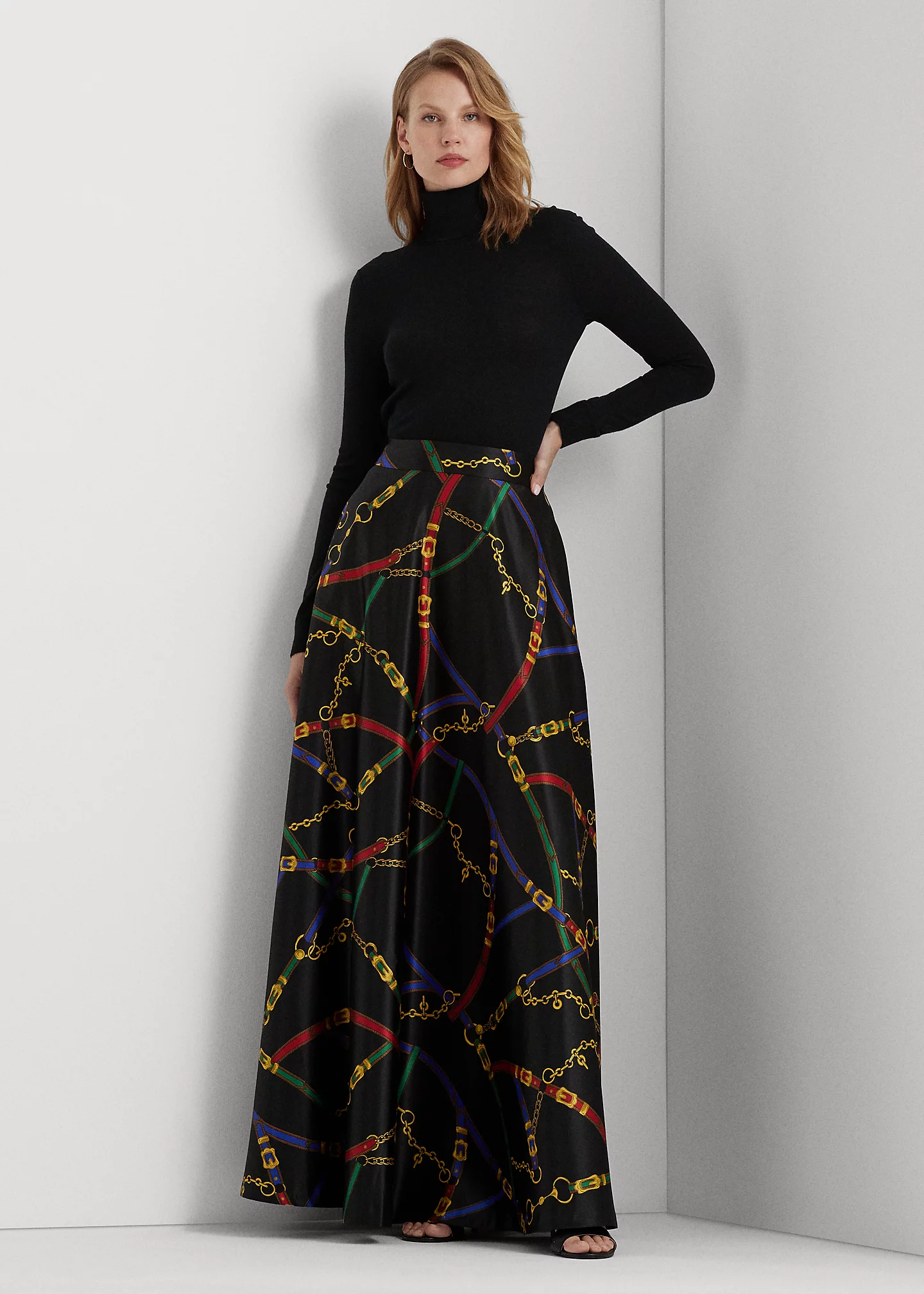 Belting-Print Satin Maxiskirt